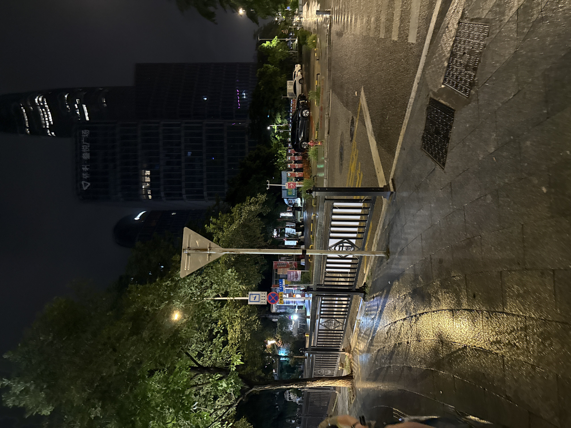 The image depicts a street scene at night in Haizhu District, China. The perspective is from a sidewalk looking towards a road with a crosswalk. In the foreground, a wet, paved sidewalk is visible, reflecting the light from a streetlamp and nearby buildings. A black metal fence borders the sidewalk. Beyond the fence, there is a road with a parked black SUV and two white cars. The road appears wet, suggesting recent rain. In the background, several tall buildings with illuminated windows are visible, including a prominent skyscraper. There are trees lining the street, some with leaves illuminated by artificial lights. Traffic signs and streetlights are also present. No people are clearly discernible in the image. The overall atmosphere is urban and nocturnal, with signs of recent precipitation.