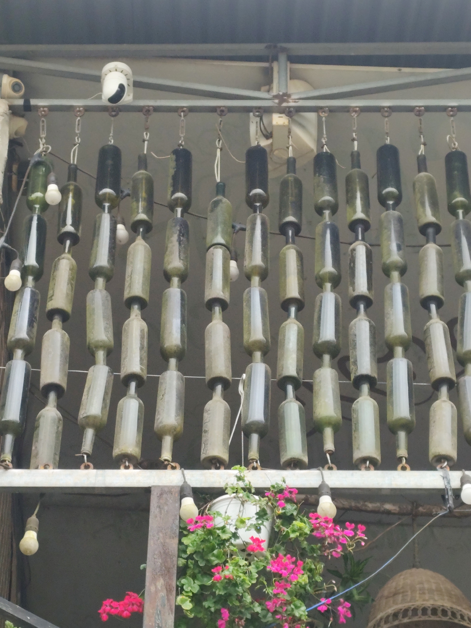In the city of Lang Biang - Da Lat, Vietnam, an outdoor scene is depicted where numerous green glass bottles are hung in vertical rows. These bottles are suspended by chains from a metal bar above, creating a decorative screen. The bottles appear to be old and weathered, with some showing signs of wear and tear. Interspersed among the bottles are several light bulbs, some of which are lit. Below the bottle screen, a railing is visible, and further down, a potted plant with bright pink flowers is growing. A security camera is mounted on the metal bar above, suggesting this might be an establishment or private residence. The overall impression is one of rustic charm and creative reuse of materials.