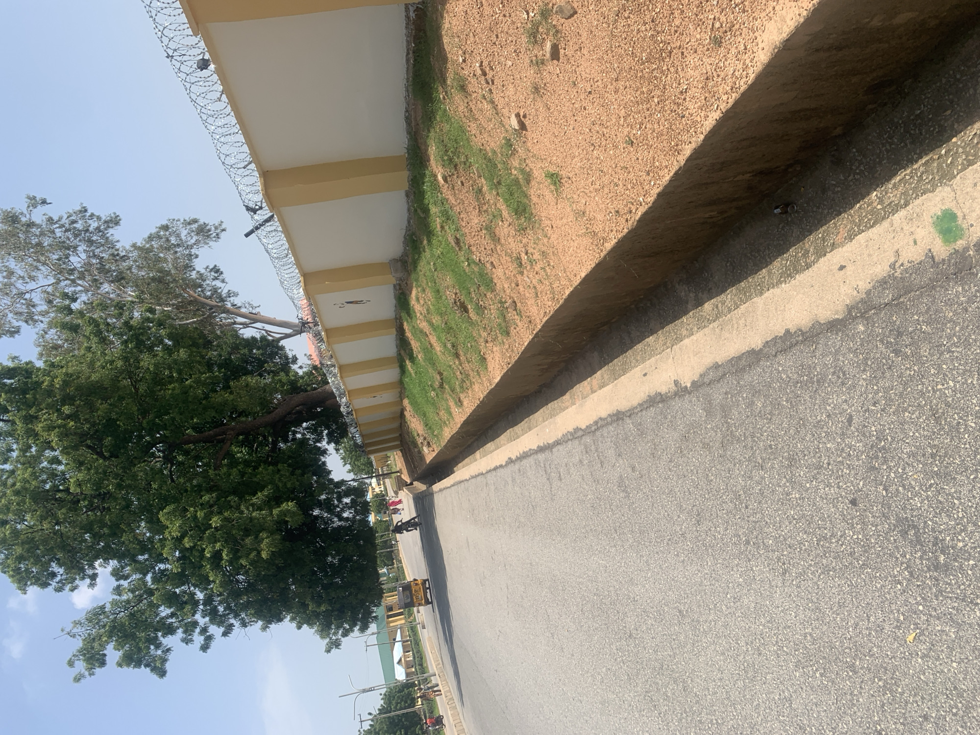 The image depicts an outdoor scene in Jalingo, Nigeria, likely during the daytime under clear skies. The perspective is from ground level, looking down a paved road. To the left, a large, leafy green tree dominates the foreground, with its branches extending over the road. Behind the tree, a wall topped with barbed wire stretches into the distance, suggesting a secured area or boundary. The wall is painted white with yellow trim. Beyond the wall, a sloped embankment of reddish-brown earth is visible, with patches of sparse green grass growing on it.
The road itself is asphalt, with a lighter-colored concrete curb running along the embankment. In the distance on the road, several small figures and vehicles are visible. A yellow auto-rickshaw, commonly known as a "Keke Napep," is prominent, along with at least one motorcycle. The presence of these vehicles and what appear to be people walking suggests general activity on the road. Further in the background, buildings with green roofs can be seen, along with utility poles. The overall impression is a snapshot of a street scene in a town or city. There is no visible text in the image.