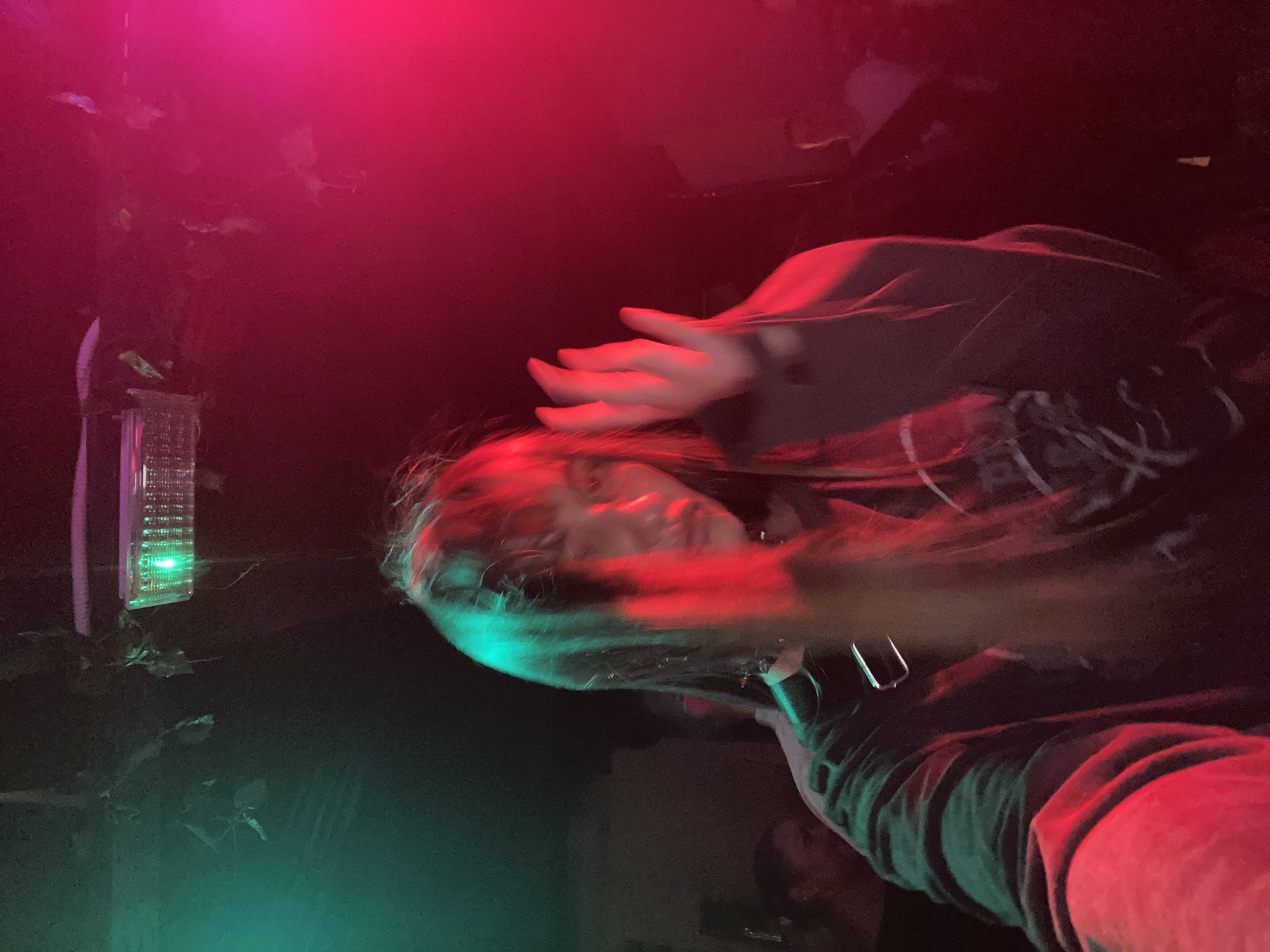 A person with long, blurred hair is illuminated with green and red lighting, possibly at a concert or event with stage lighting. Their hands are raised, with a dark-colored jacket visible. To the left, there is a decorative light fixture mounted on a surface with foliage. The setting appears to be dark, and the focus is on the person with blurred movement. There is no indication of the location in Izhevsk, Russia.