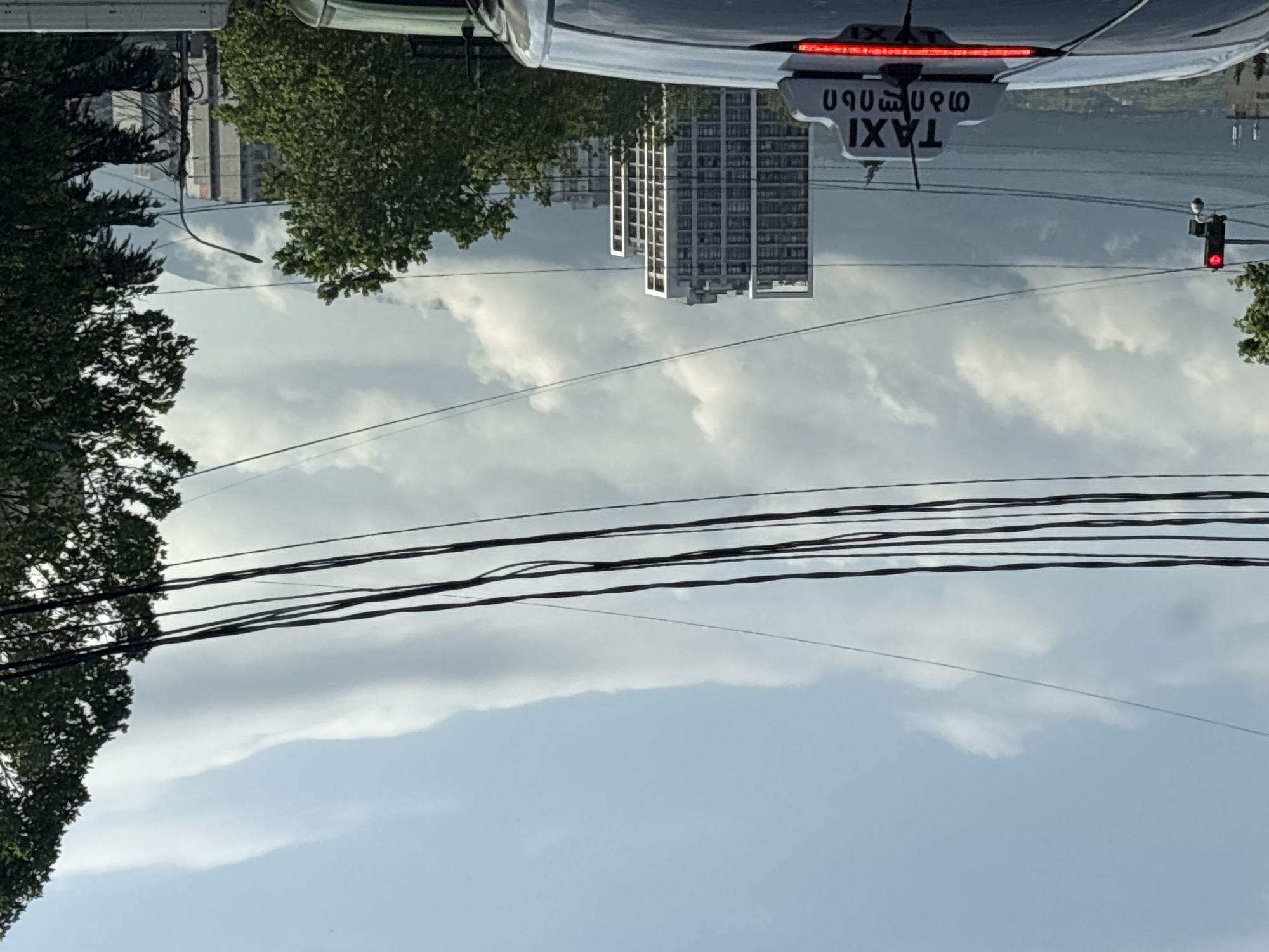 This is an upside-down image taken from a vehicle, likely in Tbilisi, Georgia. The scene captures an urban environment with elements of nature.
In the foreground, there are several dark power lines stretched across the frame, creating a layered effect against the sky. To the left, the lush green canopy of a large tree partially obscures the view. Beyond the trees and power lines, a tall, modern white building with many windows stands prominently. The building's reflective surfaces suggest a contemporary architectural style.
On top of the vehicle, a white taxi sign is visible, with red lights above it. The sign displays text in what appears to be Georgian script and the word "TAXI" in English. There is also a traffic light visible in the distance, illuminated with a red signal, indicating the vehicle is likely stopped.
The sky is filled with a mix of white and gray clouds, suggesting an overcast or partly cloudy day. The overall impression is of a typical urban street scene, possibly during the daytime, with a hint of the city's infrastructure and natural elements coexisting. The upside-down orientation of the image adds a unique perspective to the otherwise ordinary scene.