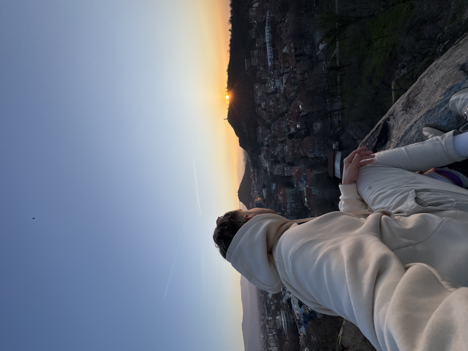 An elevated, wide-angle image captured at sunset depicts a solitary individual observing the cityscape of Plovdiv, Bulgaria, from a prominent rock formation. The vantage point is from one of Plovdiv's hills, looking generally towards the east-southeast, with the sun setting behind Bunardzhik Hill, also known as Alyosha Hill.
In the foreground, a person is seated on a large, textured dark grey rock. The individual is viewed from their upper back and right side, slightly turned to the right. They are wearing a light beige hooded sweatshirt and matching light-colored pants, with sunglasses perched on top of their head. Their right hand rests casually on their thigh.
The midground features the sprawling urban landscape of Plovdiv, characterized by a dense concentration of buildings with predominantly reddish-brown rooftops. Various streets and infrastructure are visible. Patches of dark green trees and areas of bare deciduous trees are interspersed throughout the city and on the lower slopes of the hills.
The background is dominated by a clear sunset sky, displaying a gradient from deep blue at the top to vibrant orange and yellow near the horizon. The sun's disk is partially obscured by the silhouette of Bunardzhik Hill on the right side of the frame. A distinct monument, identifiable as the Alyosha Monument, is silhouetted against the bright sun on the peak of Bunardzhik Hill. To the left of Bunardzhik, another smaller, dark hill is visible. Distant, hazy mountain ranges are faintly visible along the far-left horizon. A faint white contrail from an aircraft is present in the upper-mid sky, and a small, dark, indistinct object is visible in the upper-left sky.
The scene captures a static moment of observation, with the individual focused on the panoramic view of the city and the sunset.