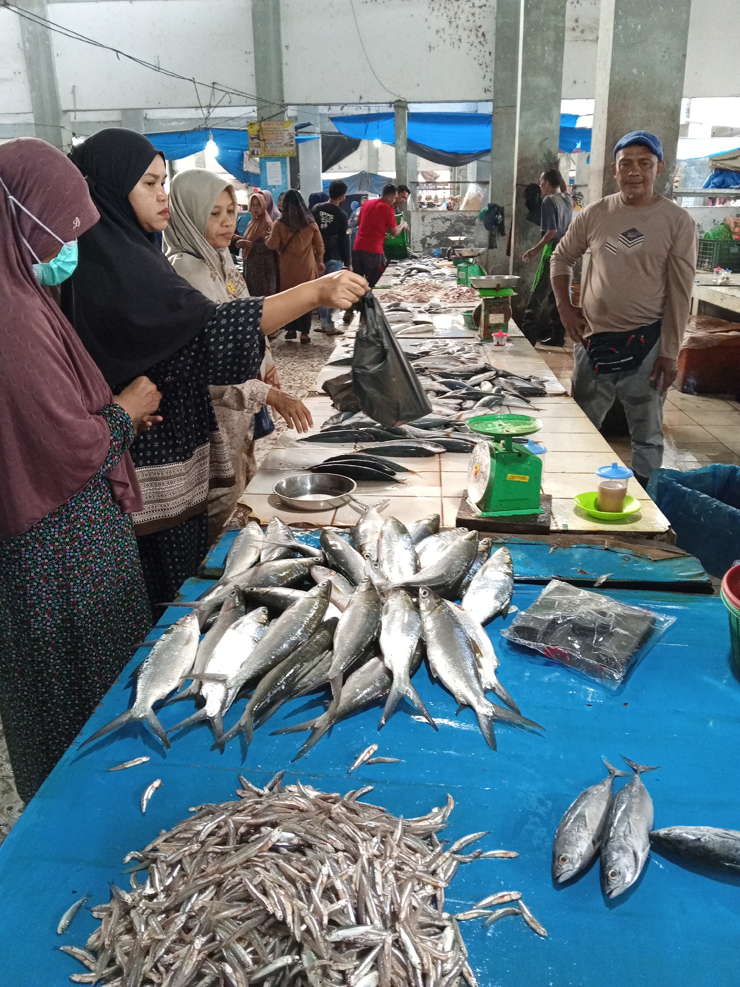 The image depicts a bustling fish market in Puloara, Indonesia. In the foreground, a bright blue table is laden with various types of fish. A large pile of small, silvery fish occupies the lower left, while several larger, silver-scaled fish are arranged in a row above them. Two medium-sized, greyish fish with prominent eyes are positioned to the right of the larger fish, with a single, darker fish to their right. To the right of the table, a blue trash bin is visible. Behind the table, a woman wearing a dark headscarf and a patterned dress points with her right hand, holding a black plastic bag. To her left, another woman in a grey headscarf looks towards the fish. A third woman, partially visible on the far left, wears a dark headscarf and a light blue surgical mask. In the background, a man in a light brown shirt and grey pants, wearing a blue cap, stands with his hands on his hips, facing the camera. Other individuals are visible further back, amidst stalls and hanging blue tarps. Several green weighing scales are set up on a long table in the middle ground. The market appears to be an open-air or covered structure with concrete pillars and a high ceiling.