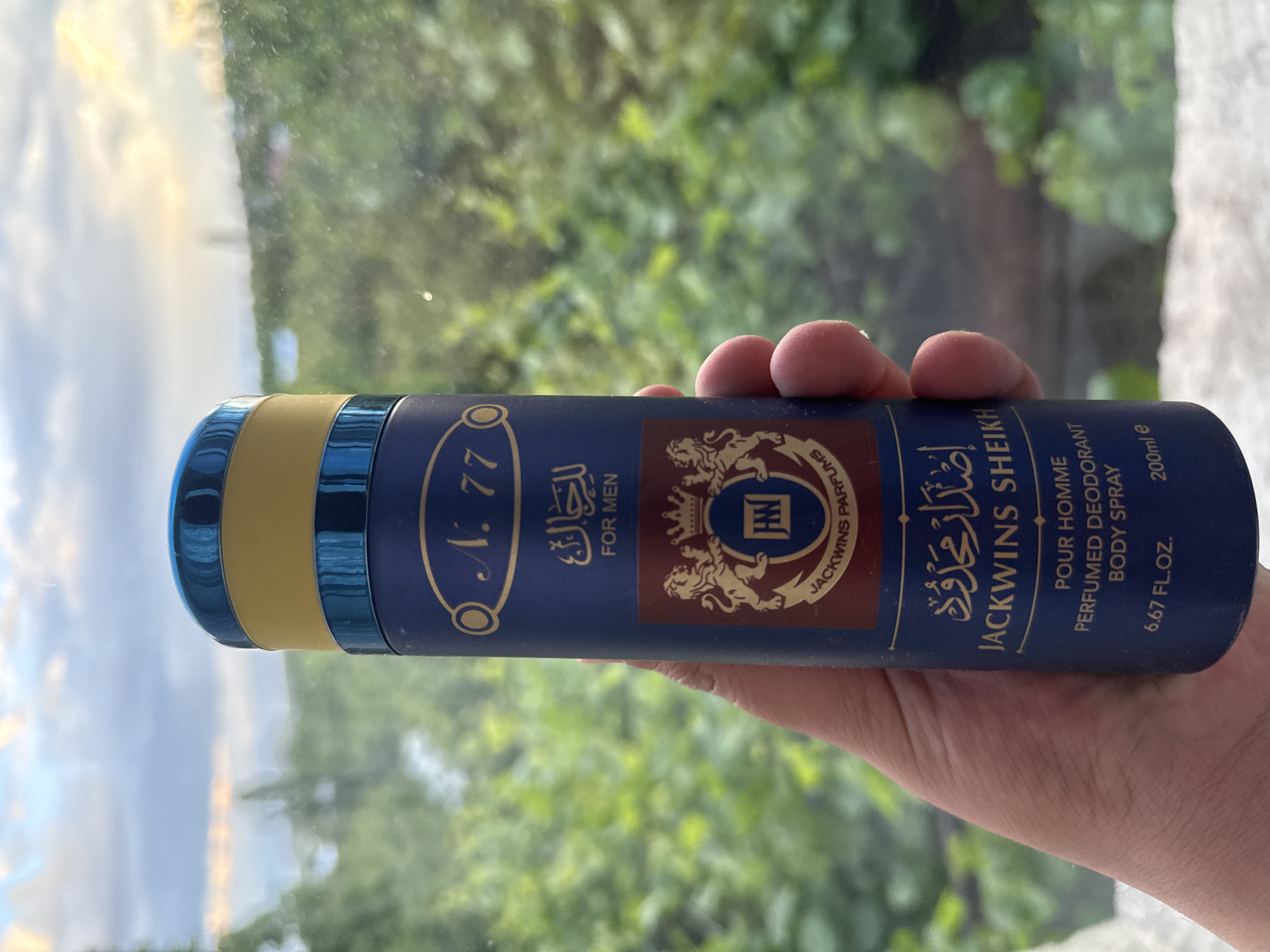 A hand holds a dark blue spray can horizontally against a soft-focus background of green foliage and a bright sky. The can, likely a perfumed deodorant or body spray, features a gold band near the top and a metallic blue cap.
The prominent label on the can is red-brown with gold text and an emblem displaying two lions, a crest with the letters "HW" or "HH," and a crown.
Visible text on the can includes:
- "No. 77" (on a gold oval)
- Arabic text "للرجل" (meaning "FOR MEN")
- "FOR MEN"
- "JACKWINS PARFUMS" (around the emblem)
- Arabic text "إصدار محدود" (meaning "Limited Edition")
- "JACKWINS SHEIKH"
- "POUR HOMME"
- "PERFUMED DEODORANT"
- "BODY SPRAY"
- "200ml e"
- "6.67 FL.OZ."
The background appears to be an outdoor scene or a view through a window, with blurred green leaves and trees. The upper left corner shows a bright sky with clouds, suggesting natural daytime lighting.