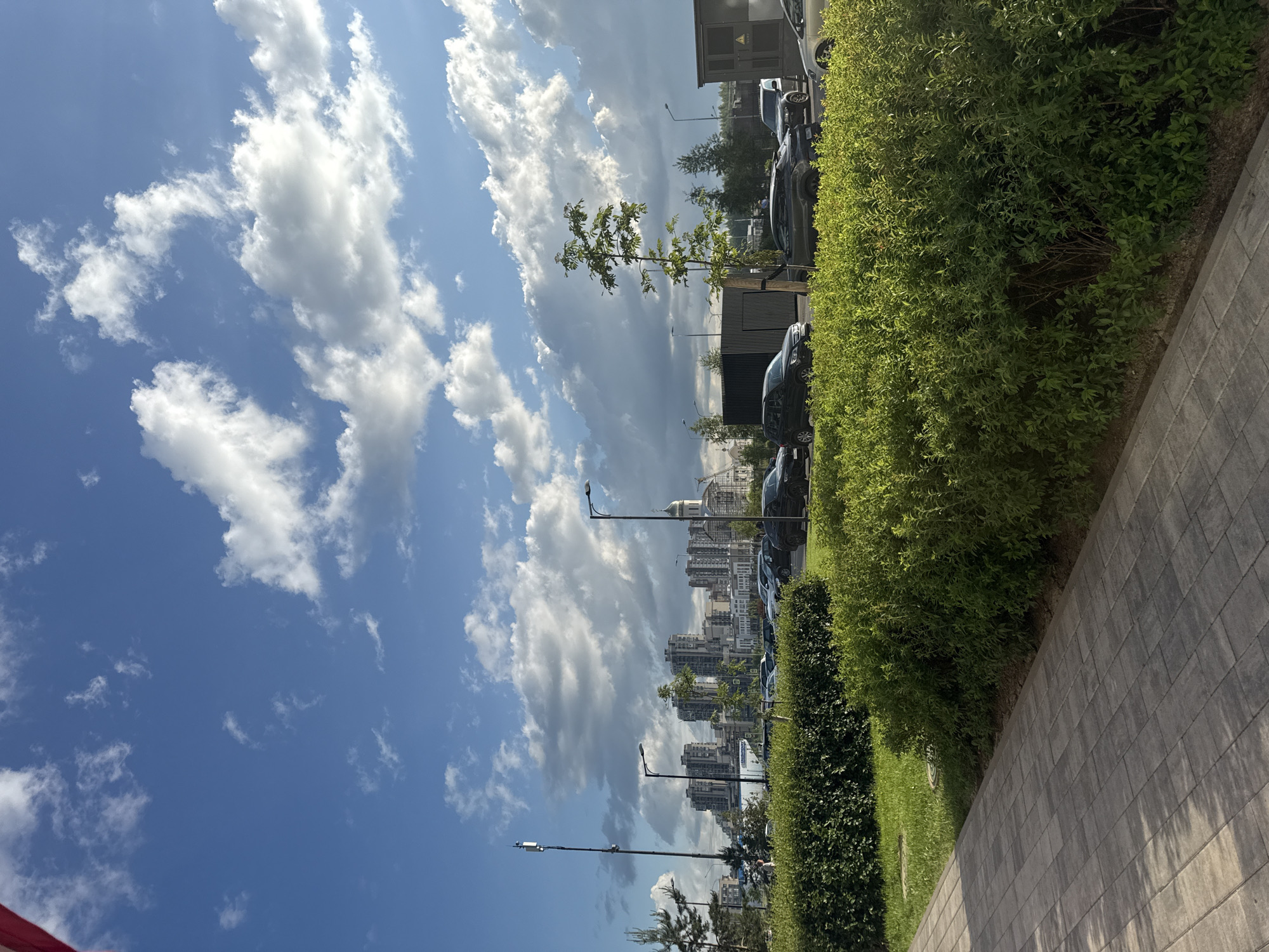 The image depicts a suburban or urban landscape with a clear blue sky filled with white, fluffy clouds. In the foreground, there is a paved walkway made of grey interlocking stones, with a strip of green grass and dense, well-maintained green bushes bordering it. Beyond the bushes, a row of parked cars is visible. In the middle ground, there is a line of streetlights and some trees. The background features a skyline of modern buildings, including apartment complexes and a building with a dome, suggesting a developed area. The overall scene appears to be a pleasant outdoor setting on a sunny day.