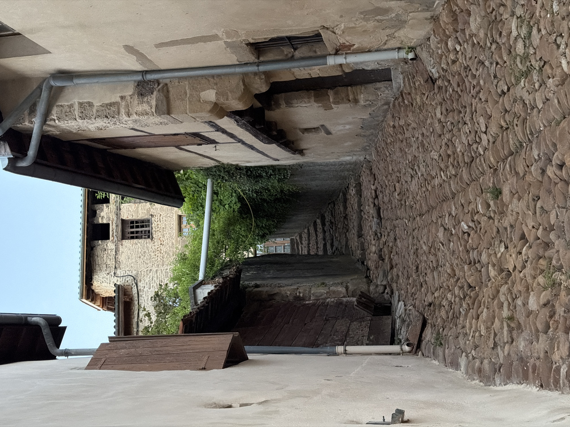 This image depicts a narrow, cobblestone alleyway in the historic village of Saint Antoine l'Abbaye, France. The alley ascends sharply, lined by stone buildings with weathered facades and wooden architectural elements. On the left, a pale-colored building features a wooden shutter and a drainpipe. Adjacent to it is a dark wooden door. The right side of the alley is dominated by a building with exposed stone and timber framing, an open doorway, and a small, barred window. Overhanging eaves with dark trim are visible. Lush green foliage encroaches from the upper left, partially obscuring a stone structure further up the alley. The cobblestone pavement is uneven, with sparse vegetation growing between the stones. The sky is a pale blue, suggesting it is daytime. No people are visible in the scene.