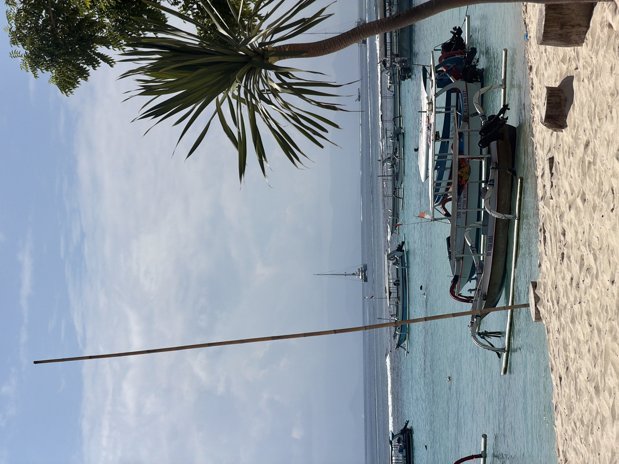 This image captures a serene beach scene in Nusa Penida, Indonesia. The foreground is dominated by a sandy beach, with two weathered tree stumps providing a rustic touch. The turquoise waters of the ocean are dotted with numerous boats, including several traditional outrigger boats and a larger sailboat in the distance. A tall bamboo pole stands prominently in the left half of the frame, leaning slightly against the sky. The water is calm, with gentle waves lapping the shore. The sky is partly cloudy, with a soft, diffused light casting a tranquil ambiance over the scene. The overall impression is one of a peaceful tropical paradise.