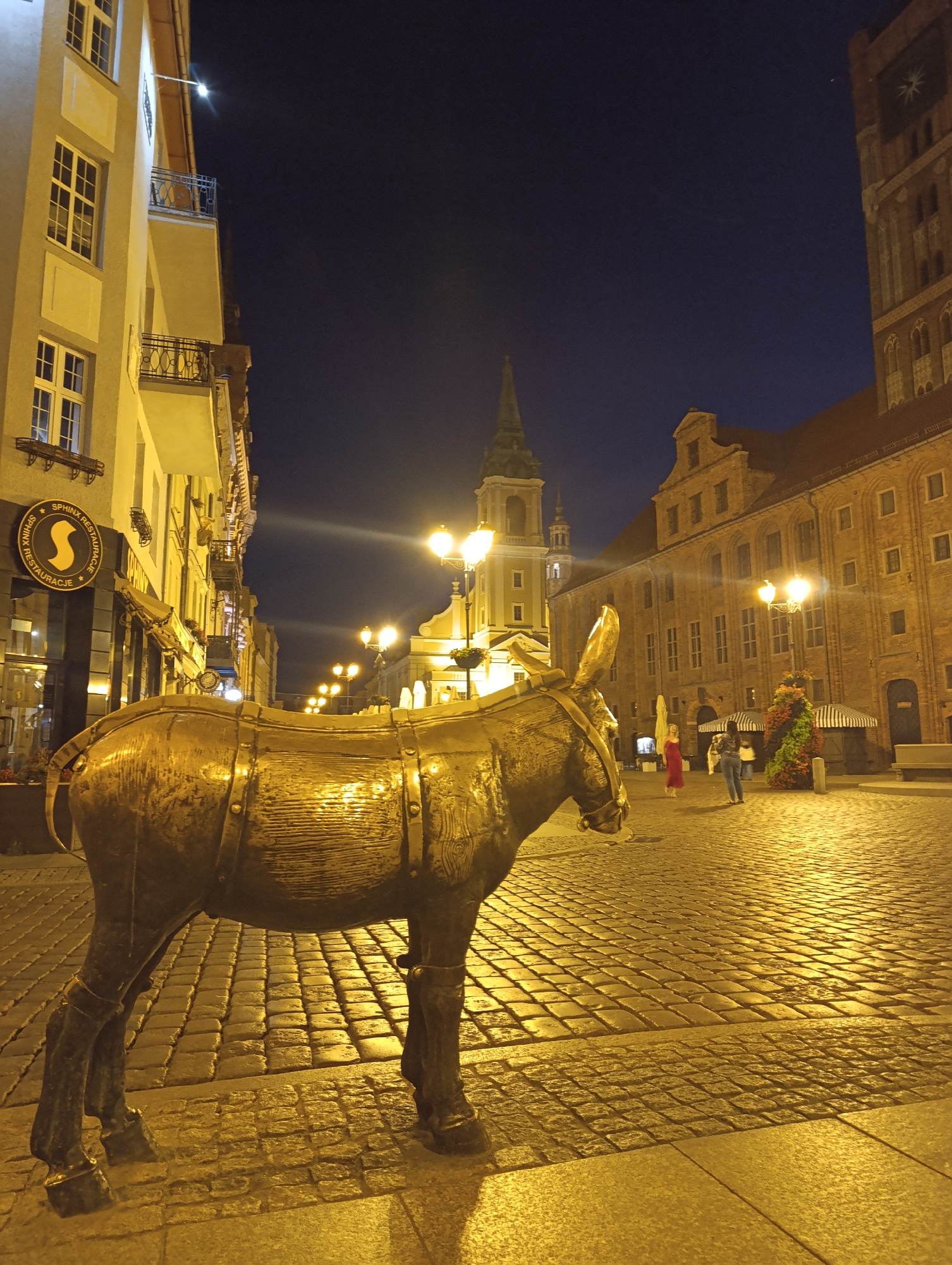 A night-time street scene in Toruń, Poland, shows a bronze sculpture of a donkey in the foreground, facing right. The donkey sculpture is placed on a cobblestone street illuminated by warm streetlights, creating reflections on the wet cobblestones. Behind the donkey, to the left, is a building with multiple windows and balconies, and a sign for "SPHINX RESTAURACJE". Further down the street, more illuminated buildings and streetlights are visible, including a church steeple and a large brick building with arched windows. Two women are walking on the street in the background, one wearing a red dress and the other in jeans. The sky is dark blue, indicating it is nighttime.
