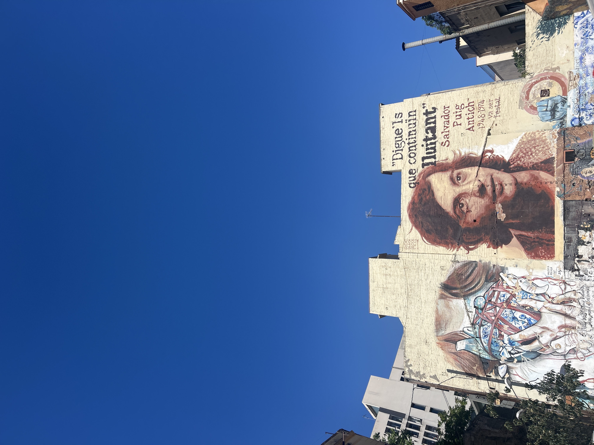 The image depicts a mural in Barcelona, Spain, honoring Salvador Puig Antich, an anarchist activist executed during the Franco regime. The mural includes a portrait of Antich and the text "Digue'ls que continuïn lluitant" (Tell them to keep fighting). The mural is painted on the side of a building, and the sky is visible in the background. Other buildings and trees are partially visible as well. Additional graffiti covers the building above and to the right of the portrait.