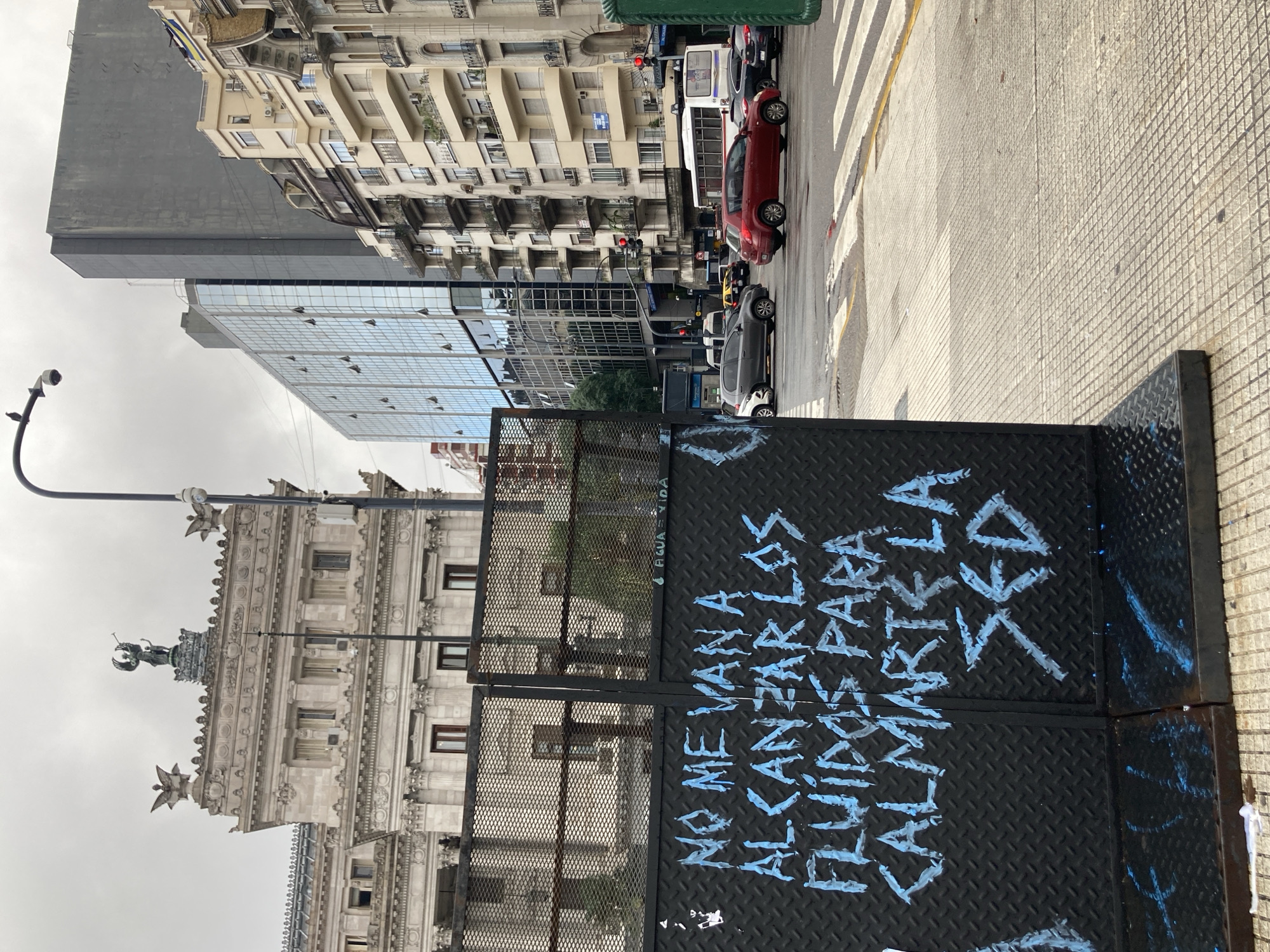 The image captures a bustling city street scene on an overcast day, featuring a blend of diverse architectural styles. In the immediate foreground, a black metal barrier with a diamond plate texture stands vertically, adorned with prominent blue graffiti. The main text, written in a stylized, blocky font, reads "NO ME VAN A ALCANZAR PARA LA CALAVERA" (They won't reach me for the skull). Further back on a partially visible section of the barrier, additional graffiti spells out "AGUA Y VIDA" (Water and Life).
Behind the barrier, an ornate, light-colored classical building with intricate carvings and statues on its roofline dominates the left side of the midground. To its right, a sleek, modern glass skyscraper reflects the cloudy sky, and further along the street, a series of older residential or commercial buildings with numerous balconies line the urban landscape.
The paved street, positioned to the right of the barrier, shows distinct white crosswalk markings. Several vehicles are visible, stopped at what appear to be red traffic lights, including a red car, a gray car, and a white bus, indicating active street traffic. The sidewalk on the right features a textured, light-colored block pattern. A black streetlight with a security camera is visible on the left side of the frame, with a small bird perched on it. The sky is uniformly overcast, suggesting a cloudy day without direct sunlight.