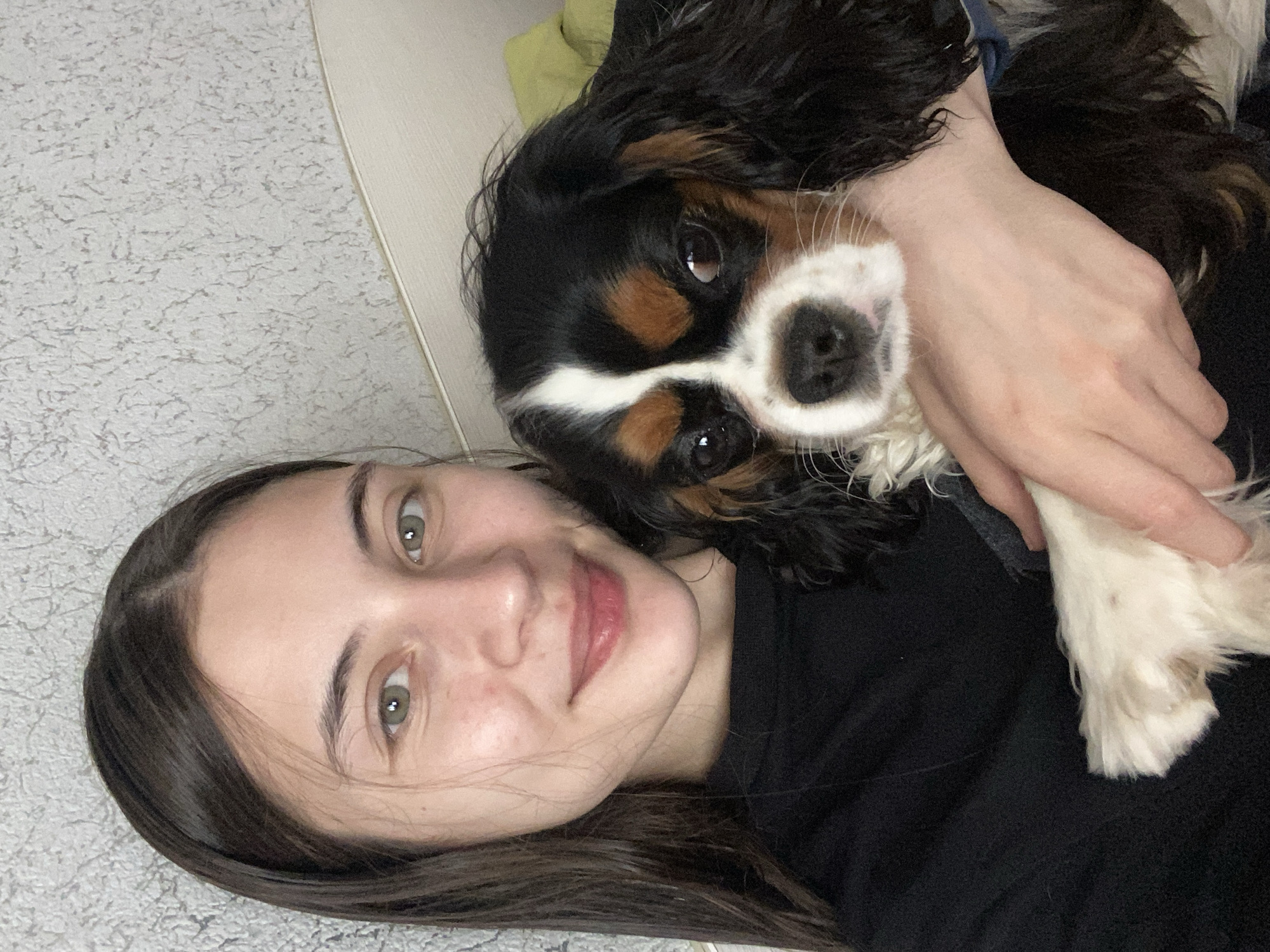 A young woman with long, dark hair and green eyes smiles at the camera, holding a Cavalier King Charles Spaniel. The dog has a tricolor coat of black, tan, and white. They are positioned in a close-up shot against a textured, light-colored wall and a light-colored headboard of a bed. The woman is wearing a black t-shirt. The scene appears to be indoors, possibly in a bedroom, in Votkinsk, Russia.
