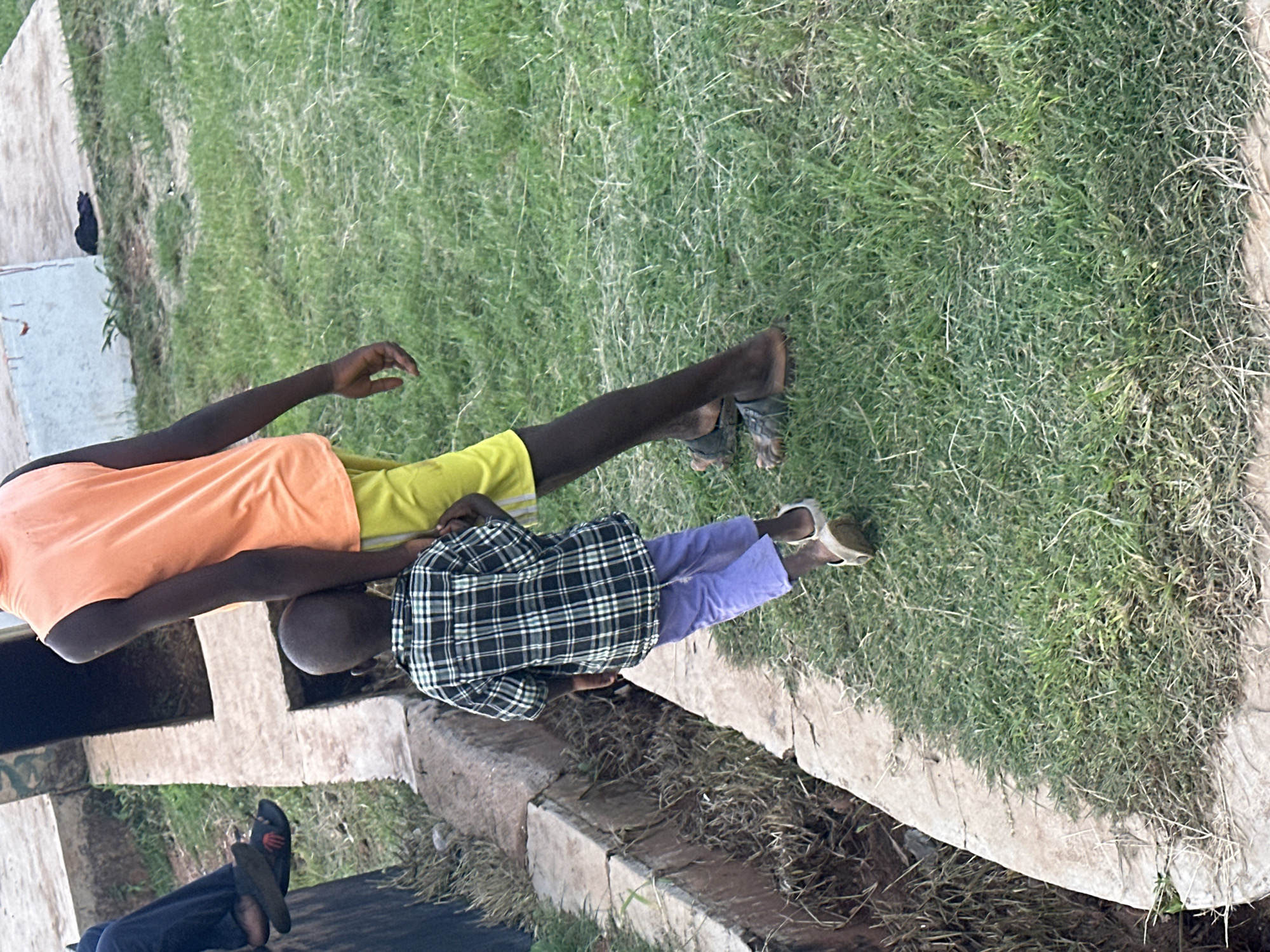 In Gura Top, Nigeria, two young boys walk along a grassy area next to a concrete ditch. The boy in front, wearing a plaid shirt and purple pants, walks away from the camera. The boy behind him, wearing an orange sleeveless shirt and yellow shorts, walks in the same direction, his left arm hanging by his side. A person's legs and feet, wearing dark pants and sandals, are visible on the left side of the image, seated near the concrete ditch. The environment is predominantly green grass with some dry foliage.