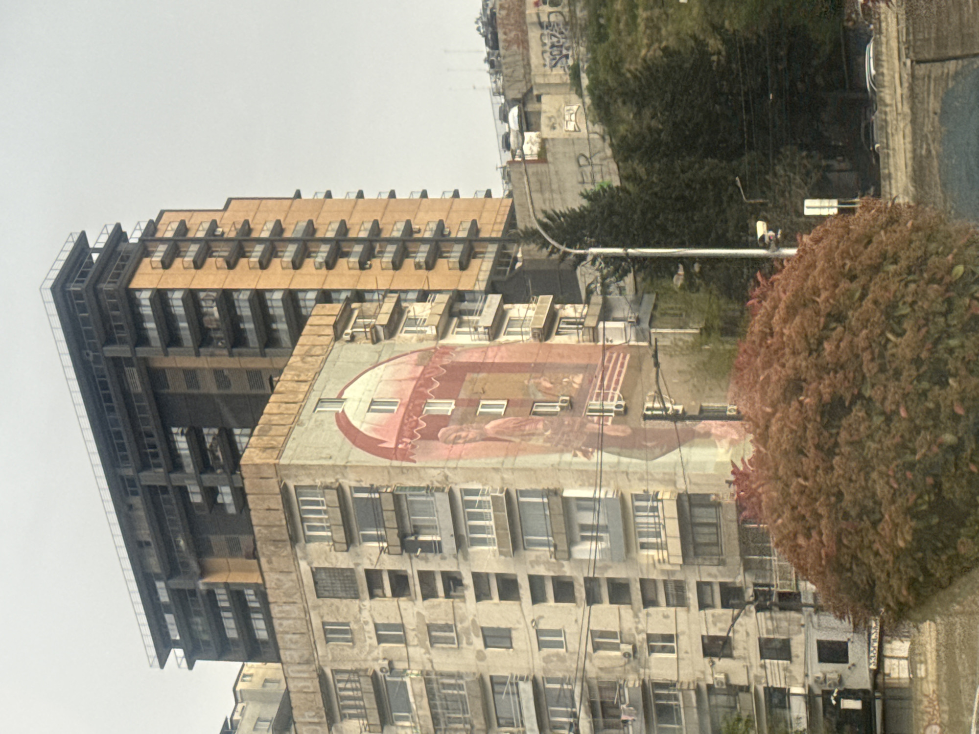 This image, presented with a 90-degree counter-clockwise rotation, depicts an urban street scene in Tbilisi, Georgia, under an overcast sky.
The central subject is a multi-story, somewhat aged concrete building with a striking mural covering a significant portion of its side facade. The mural features a large, stylized figure, possibly a woman, with another smaller figure or object in her lap, rendered in shades of red, beige, and white, enclosed within a semi-circular or arched frame. The rest of this building displays numerous windows, some with external grates or air conditioning units attached.
To the left and behind this mural-decorated building stands a taller, more modern high-rise. This building has a distinctive tiered design, with a facade primarily in tan and dark gray tones, characterized by multiple horizontal bands of windows and what appear to be balconies or architectural projections.
On the far right, a dense, reddish-brown bush partially frames the scene. Beyond this and to the right of the mural building, greenery, a utility pole, and a concrete structure covered in graffiti are visible, suggesting an active urban environment. The lighting is soft and diffuse, indicating daytime with possible cloud cover. Aside from indistinct graffiti on a background structure, no other specific text is clearly decipherable. The scene captures a blend of architectural styles and urban life.