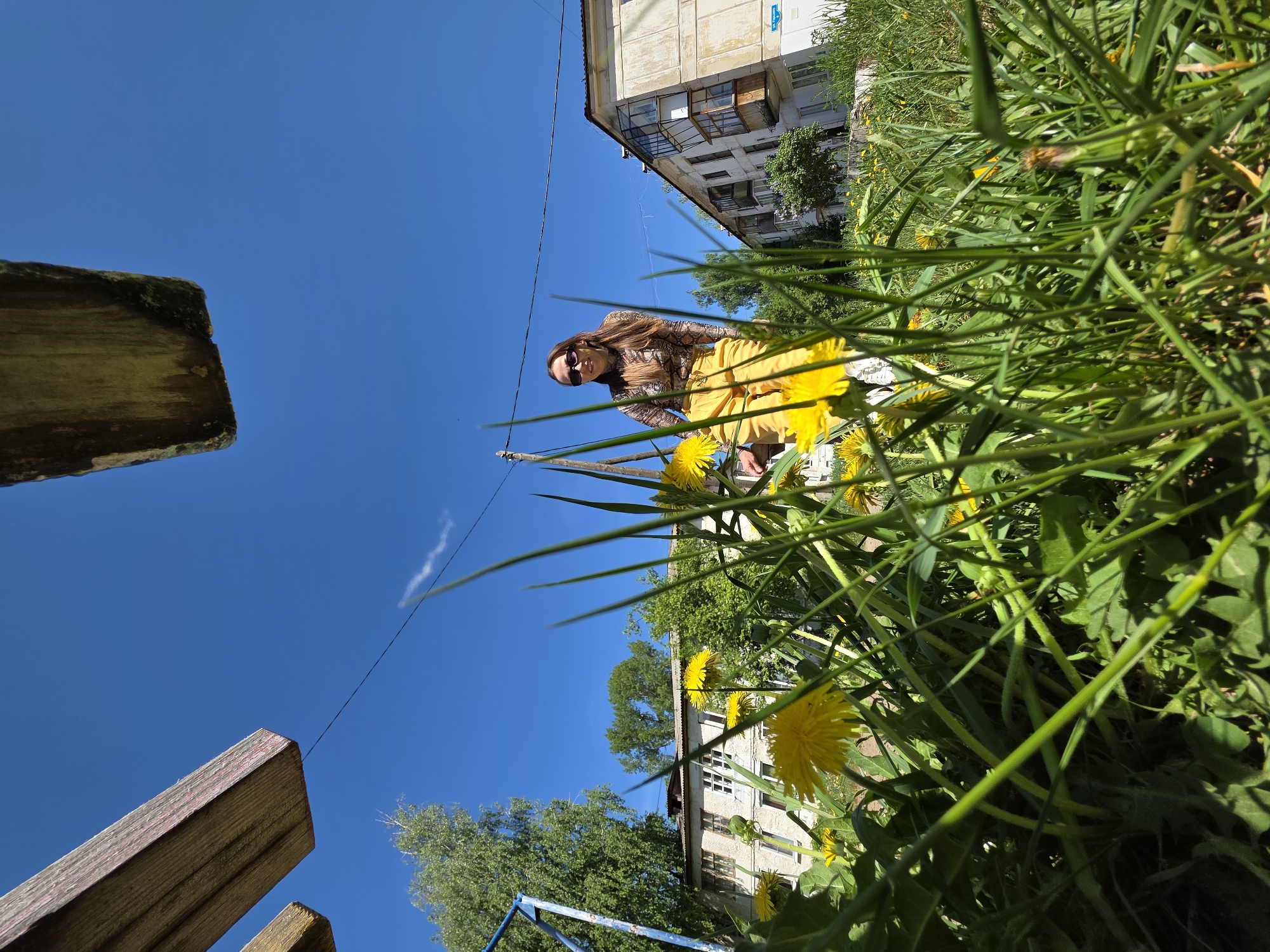 The image depicts a person, presumably female, wearing sunglasses, a patterned top, and yellow pants, positioned behind a patch of grass and dandelions. Buildings are visible in the background, suggesting an urban setting. Additional wooden objects are in the foreground, possibly part of a bench or other structure. The perspective is from a low angle, looking upwards, with a clear blue sky dominating the upper portion of the image. Based on the environment, it is likely this image was taken in Chaikovsky, Russia.