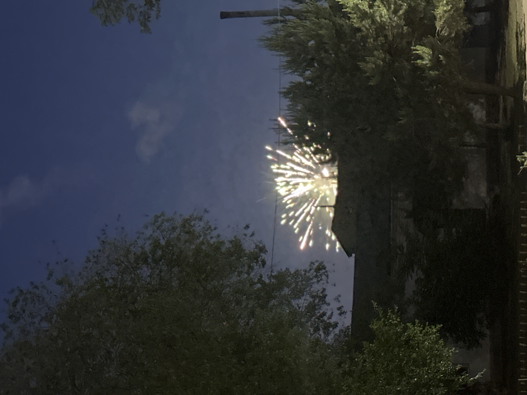 The image depicts a dark, outdoor scene at night, likely in Blagoveshchensk, Russia, as indicated by the provided context. The sky is a deep blue with some faint clouds. A burst of fireworks illuminates the center of the frame, emitting bright white and yellow streaks. In the foreground and mid-ground, silhouetted trees with green foliage partially obscure the view. A dark-colored building with a sloped roof is visible behind the trees, and a tall, dark, cylindrical structure, possibly a smokestack or industrial pipe, stands to the right of the fireworks. The overall impression is of a festive or celebratory event taking place under a night sky, with natural and man-made elements contributing to the composition.