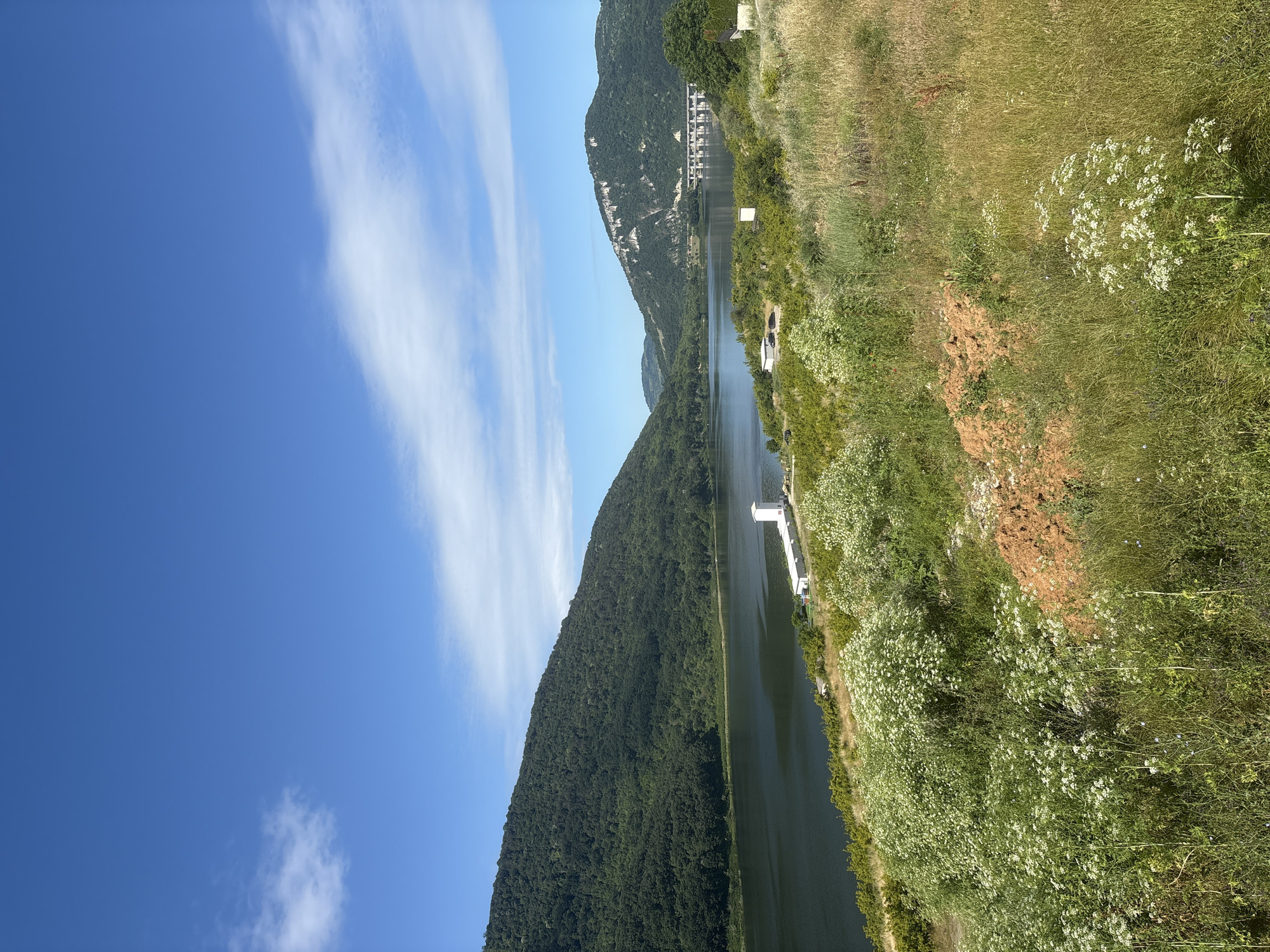 The image depicts a wide, dark blue lake surrounded by lush green, tree-covered hills under a bright blue sky with scattered white clouds. In the foreground, a grassy hillside is covered with wildflowers, some with white blooms and others with yellowed grasses. A patch of reddish-brown soil is visible on the hillside. Along the shore of the lake, there are a few low-lying, white buildings. In the distance, across the lake, a large, concrete dam stretches between two hills. The dam has a series of arched structures and a walkway on top. The scene is serene and natural, with a sense of vastness due to the expanse of water and hills.