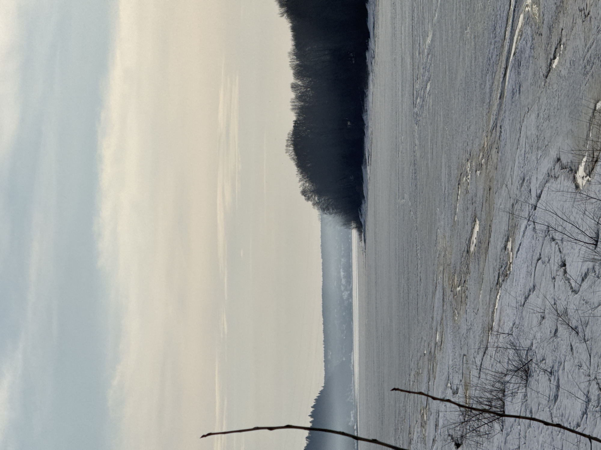 The image depicts a winter landscape in Chaikovsky, Russia. A frozen body of water, likely a river or lake, occupies the central and right portions of the frame. The ice is cracked and textured, with patches of snow visible. Bare branches from small trees or bushes are in the lower right foreground.
A line of trees is on the far bank of the water. The sky is overcast, with a mix of light blue and gray clouds. The overall impression is cold and desolate, with a muted color palette.