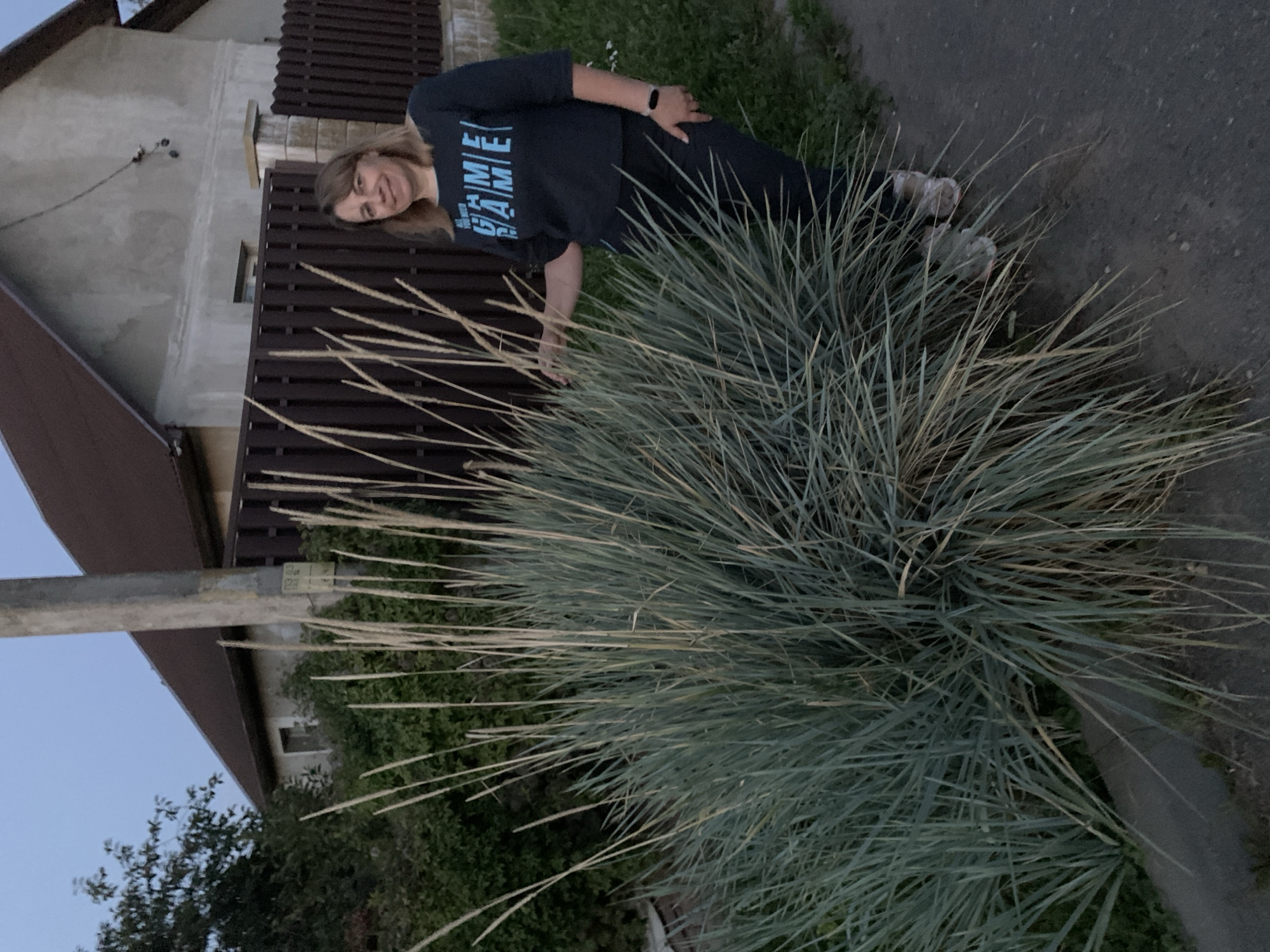 A woman stands in front of a large clump of ornamental grass, which is to her left. She is facing the camera, smiling slightly. She has blonde hair and is wearing a dark blue sweatshirt with the word "GAME" printed on it in blue lettering, and matching dark blue pants. Her left hand is resting on the grass, and her right arm is by her side. The grass is tall and feathery, with a light blue-green color. Behind the woman and the grass is a dark brown wooden fence, and behind the fence is a light-colored house with a dark brown roof. The sky is a pale blue, indicating it is either early morning or late evening. The ground is a paved surface, possibly a sidewalk or road, and there is green grass and foliage visible to the right of the woman. The scene appears to be in a residential area, possibly in the city of Kapyĺ, Belarus, given the architecture and foliage.