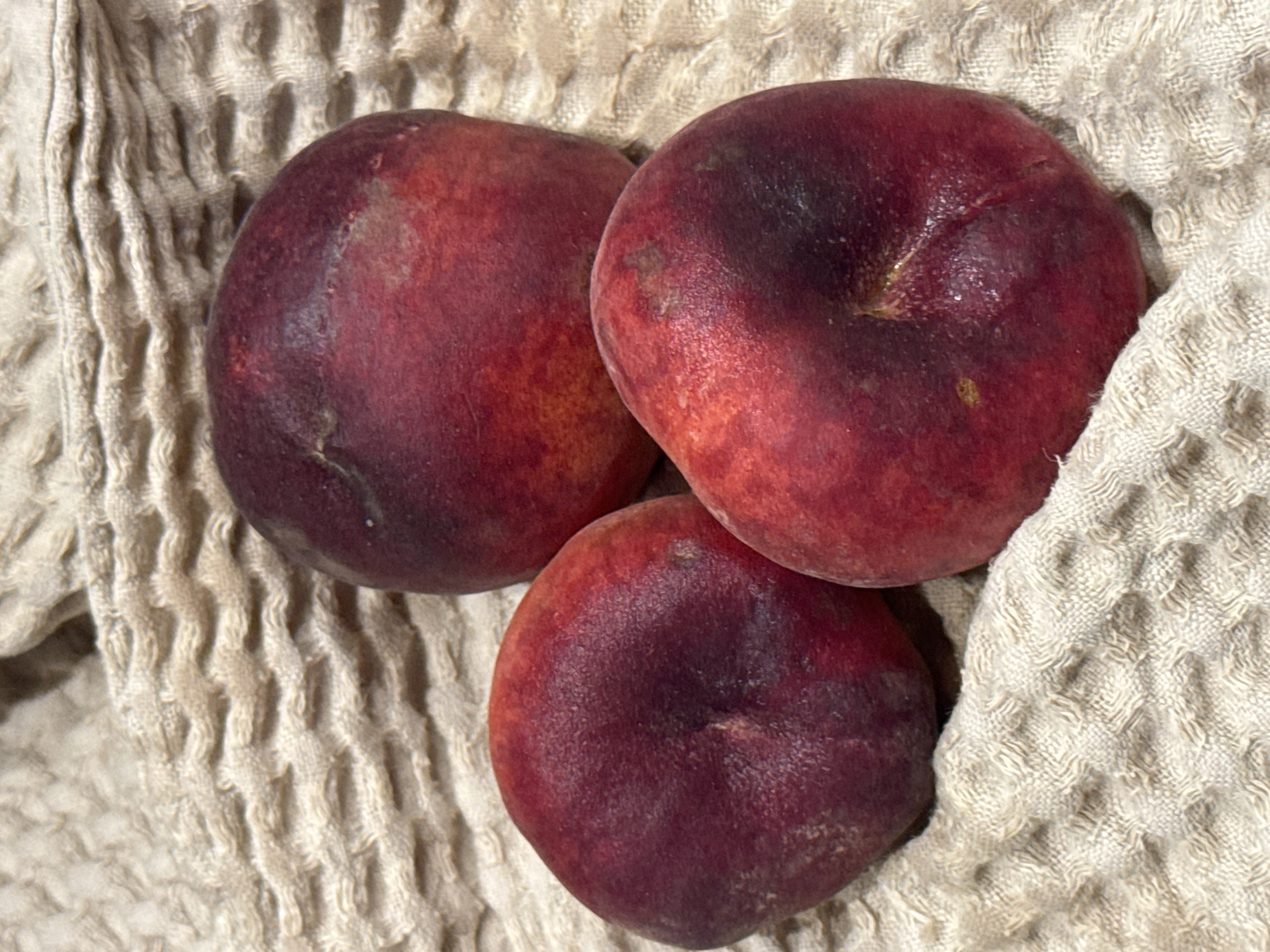 Three flat peaches are arranged on a textured beige fabric. The peaches are ripe, with a gradient of deep red and purple hues. The fabric has a woven pattern, creating a subtle relief across the surface. The scene is lit from above, casting soft shadows. No people or specific city details are present in the image.