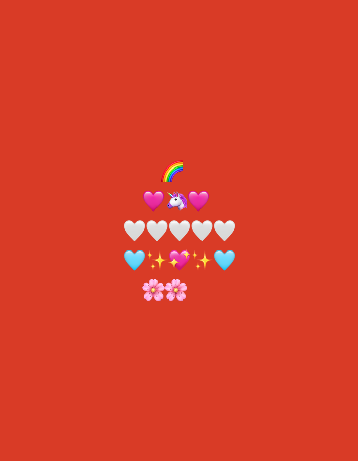 The image depicts a red background with a collection of emojis arranged in a symmetrical pattern near the center. From top to bottom, the emojis are: a rainbow, a unicorn, two pink hearts flanking the unicorn, followed by a row of five white hearts. Below this row, there are two blue hearts with a sparkling pink heart in between, and two more sparkling emojis on either side of the pink heart. At the very bottom, there are two pink cherry blossoms. The image does not contain any information or context that would allow for identification of a location in Tbilisi, Georgia.