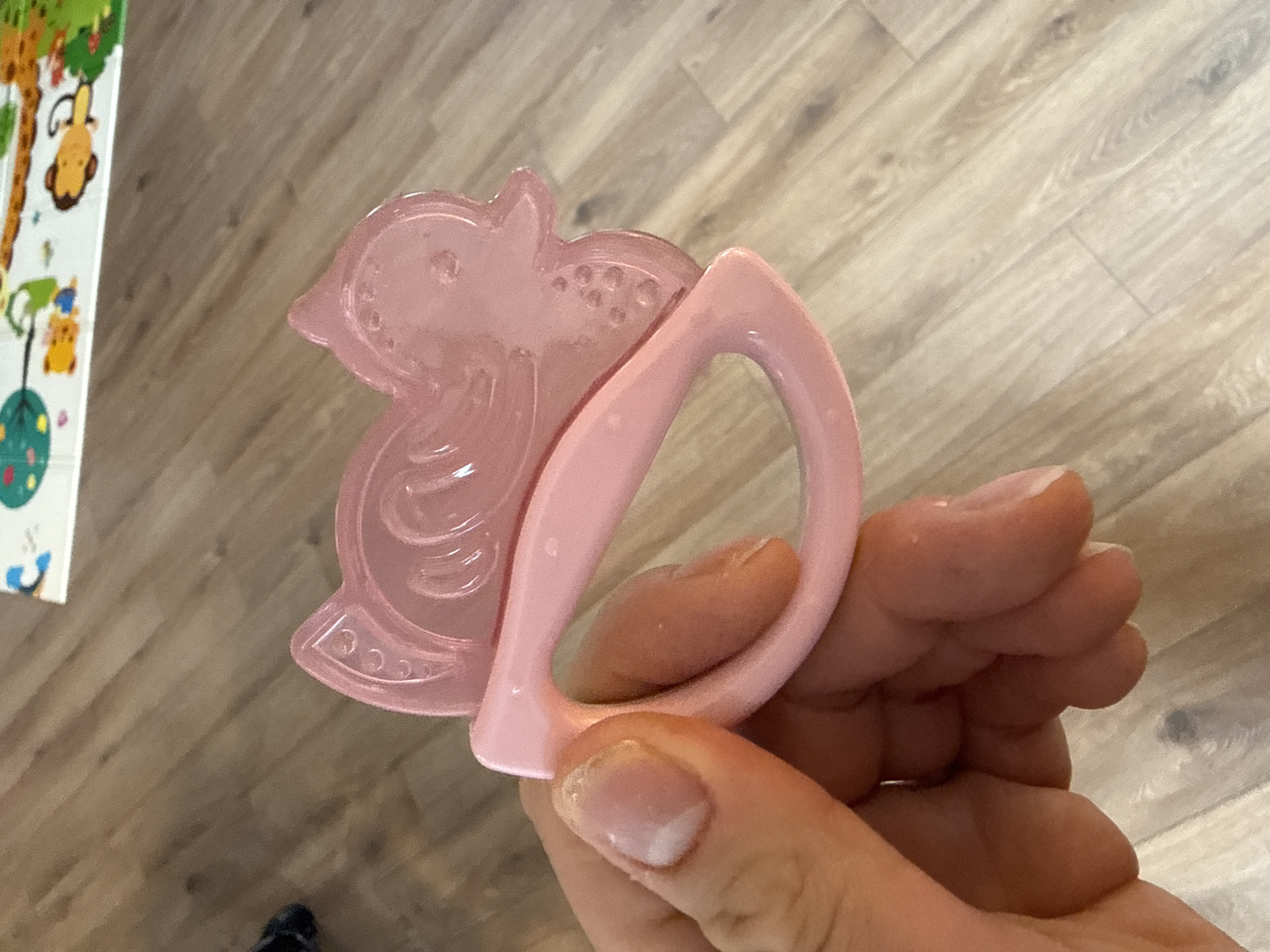 A close-up shot shows a hand holding a pink teether toy shaped like a horse. The background features a wooden floor and a children's play mat. The location is not discernible from the image.