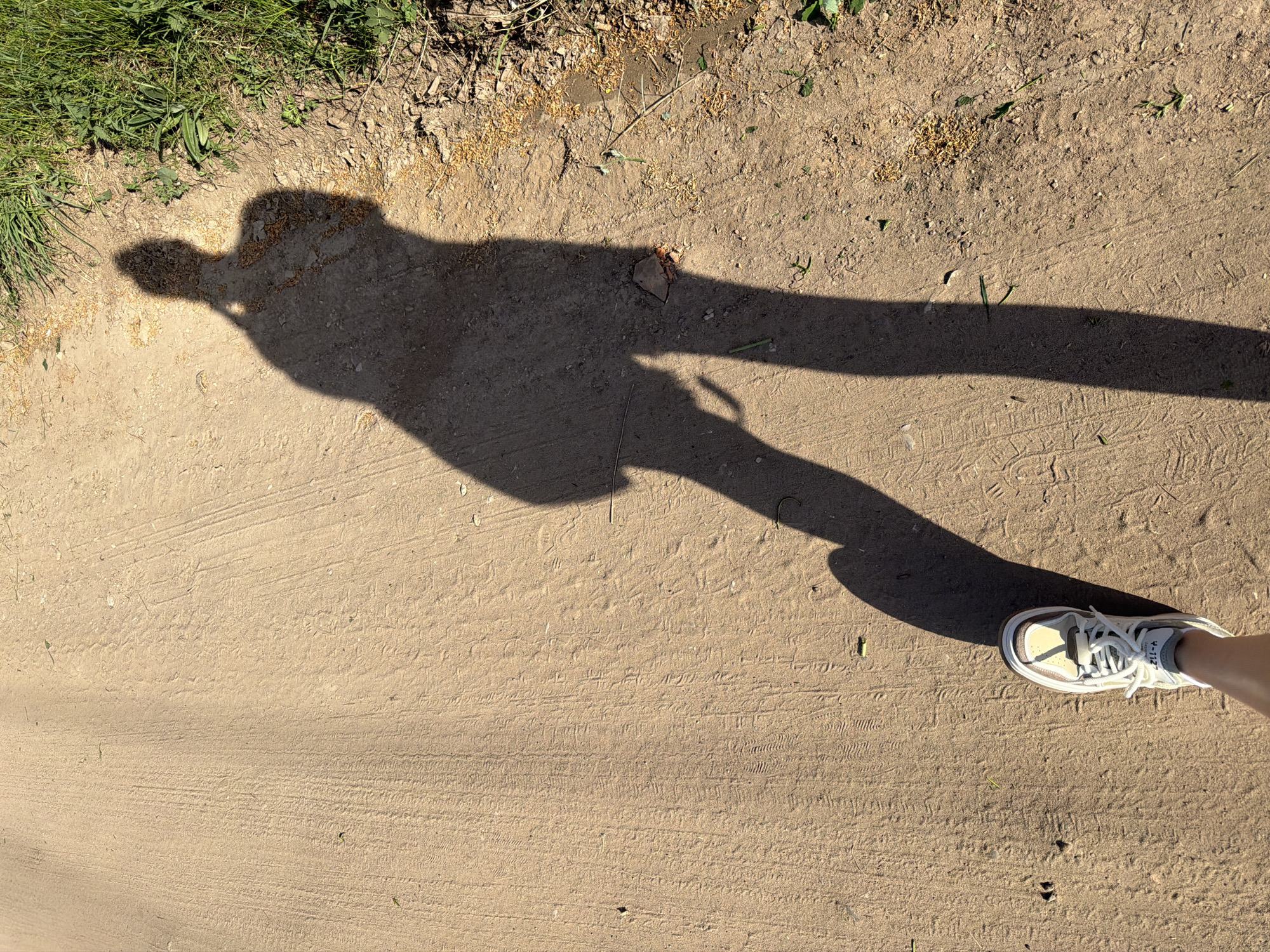 The image shows a sandy path, likely in a park or similar outdoor area. A person's shadow stretches across the path, with a shoe and a portion of their leg visible in the lower right corner. The path appears to be well-worn, with tire tracks visible in the sand. There's grass growing along the edge of the path on the left side. The exact location within Chaikovsky, Russia, cannot be determined from this image.