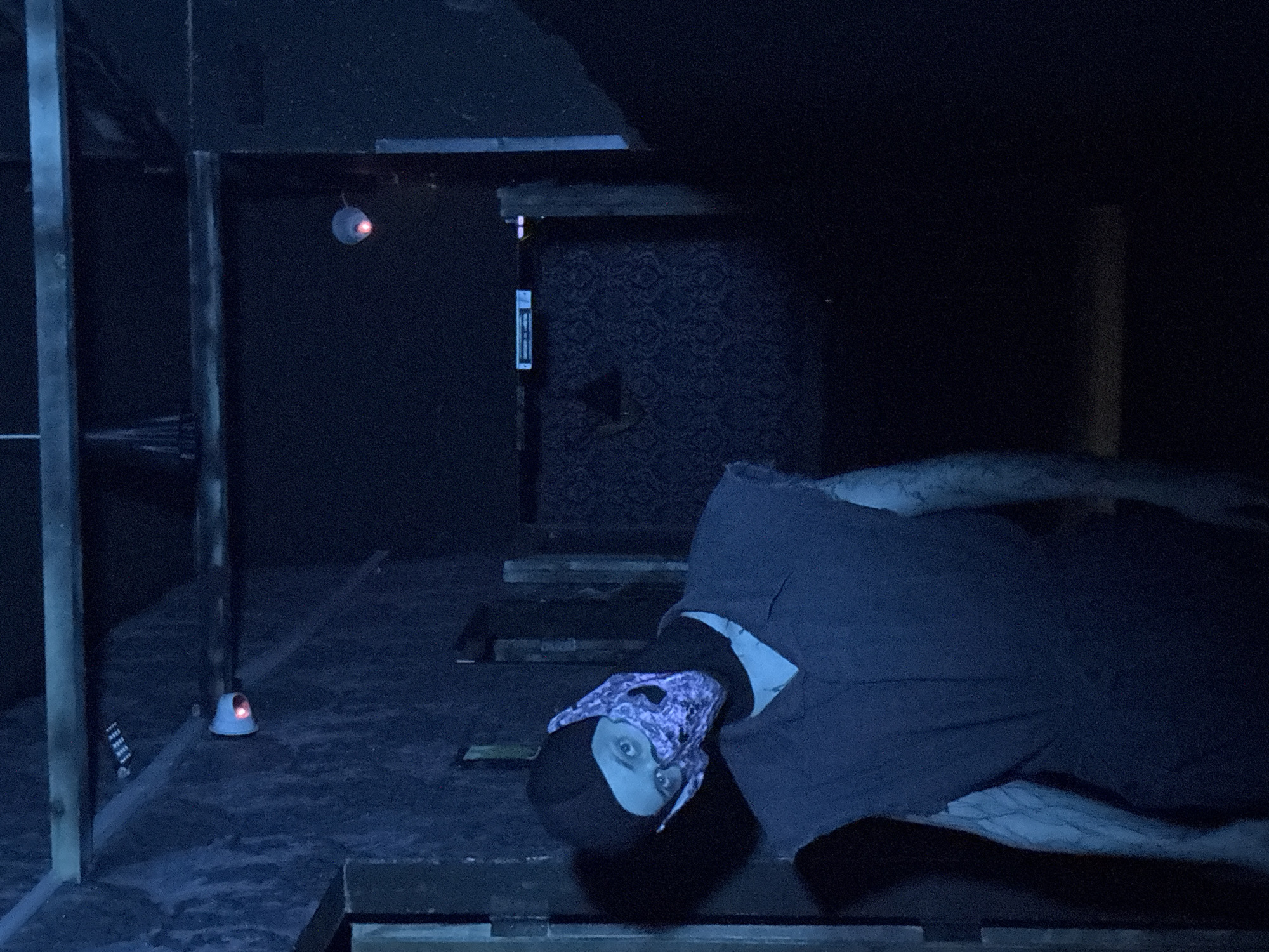 A dimly lit interior space reveals a person lying on what appears to be a tiered platform or set of steps. The person is wearing a dark-colored robe or garment and a mask that covers part of their face. The lighting is subdued, with hints of blue and red, suggesting a theatrical or staged environment. In the background, there's a patterned wall, possibly wallpaper, and a few small lights. The location is not discernible from the image, and there is no way to determine that the location is in the city of Saratov, Russia.