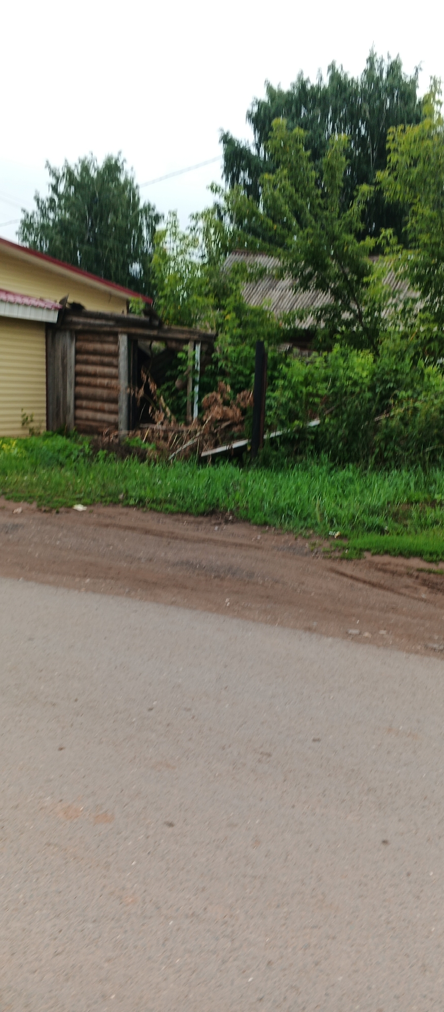 The image depicts an outdoor scene in the village of Podgornoye, Russia. In the foreground, a paved road surface is visible, transitioning to a dirt shoulder with a strip of green grass beyond it. Behind the grass, there is a partially constructed or dilapidated wooden structure, possibly a shed or part of a fence, made of horizontal logs. Beyond this structure, dense green foliage and trees dominate the background, with a hint of a building with a corrugated roof visible through the trees. The sky is overcast, suggesting a cloudy day. No people or animals are present in the image.