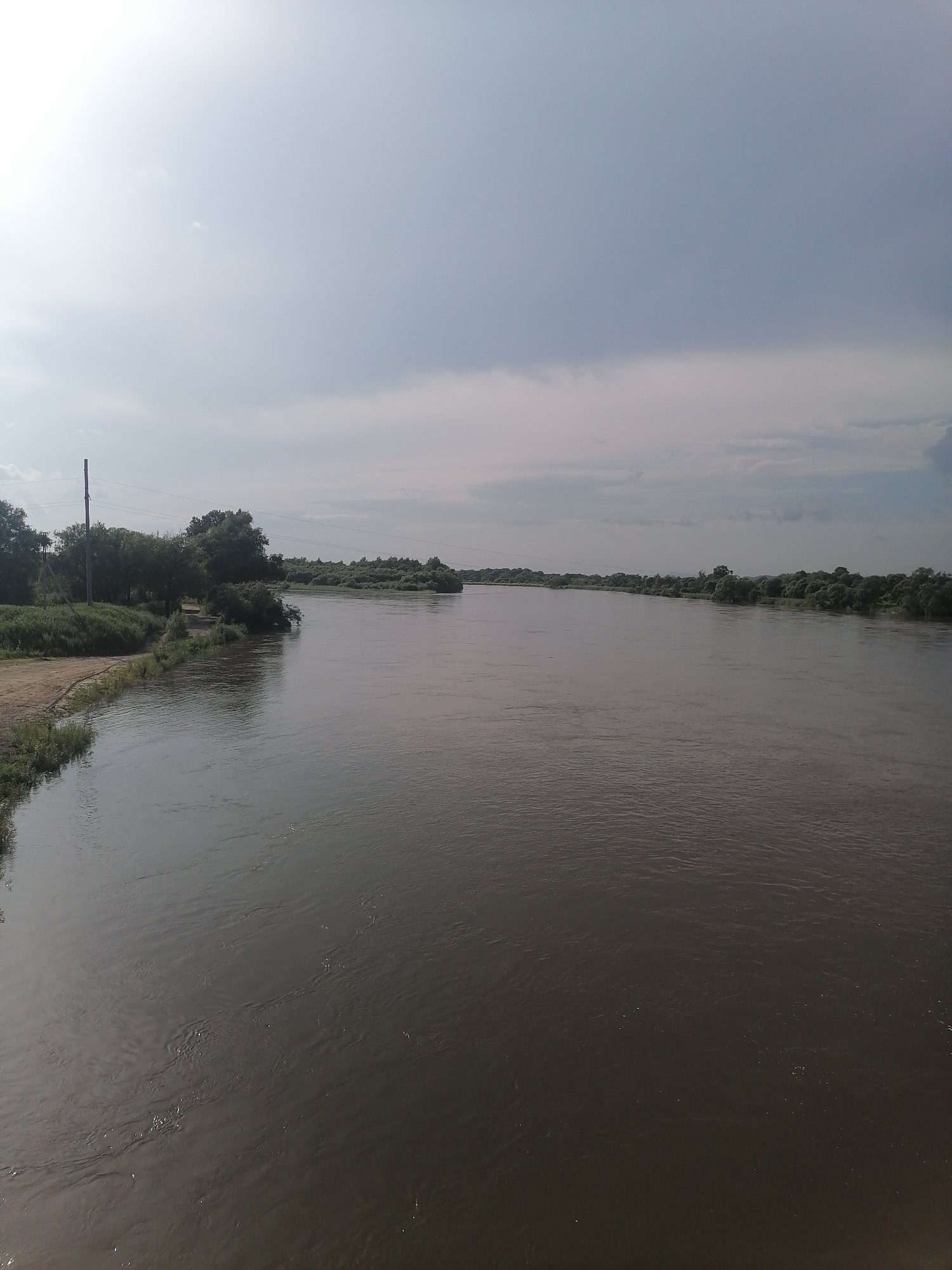 The image depicts a wide, murky river flowing through a natural landscape. The left bank is characterized by a sandy area transitioning into dense green vegetation and trees. A tall utility pole with wires is visible on this bank, suggesting proximity to infrastructure. The right bank is lined with a continuous stretch of trees and foliage, forming a natural barrier. The sky above is overcast with a mixture of light and dark clouds, creating a diffused lighting condition. The overall impression is that of a natural, undeveloped riverfront. The image was taken in Novopokrovka, Russia.