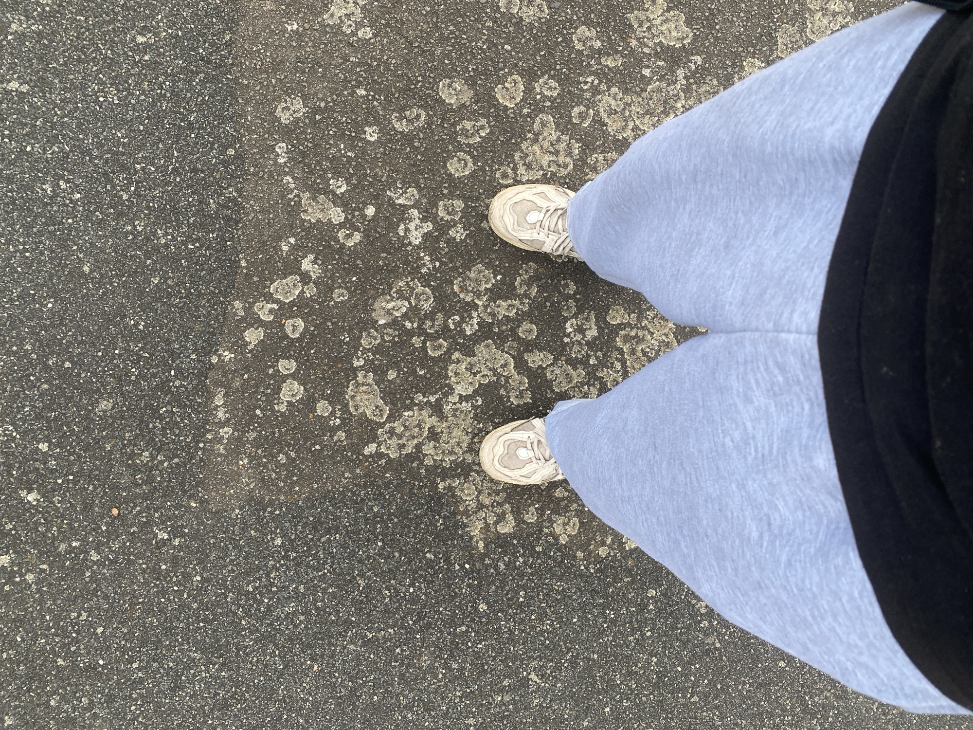 A first-person perspective shot shows a person standing on a dark asphalt surface speckled with light-colored lichen. The person is wearing light blue sweatpants and light-colored athletic shoes. The scene is outdoors, with no specific city or location details discernable in the image itself, and therefore, cannot be attributed to Schwarme, Germany. The focus is on the lower body and the ground beneath.