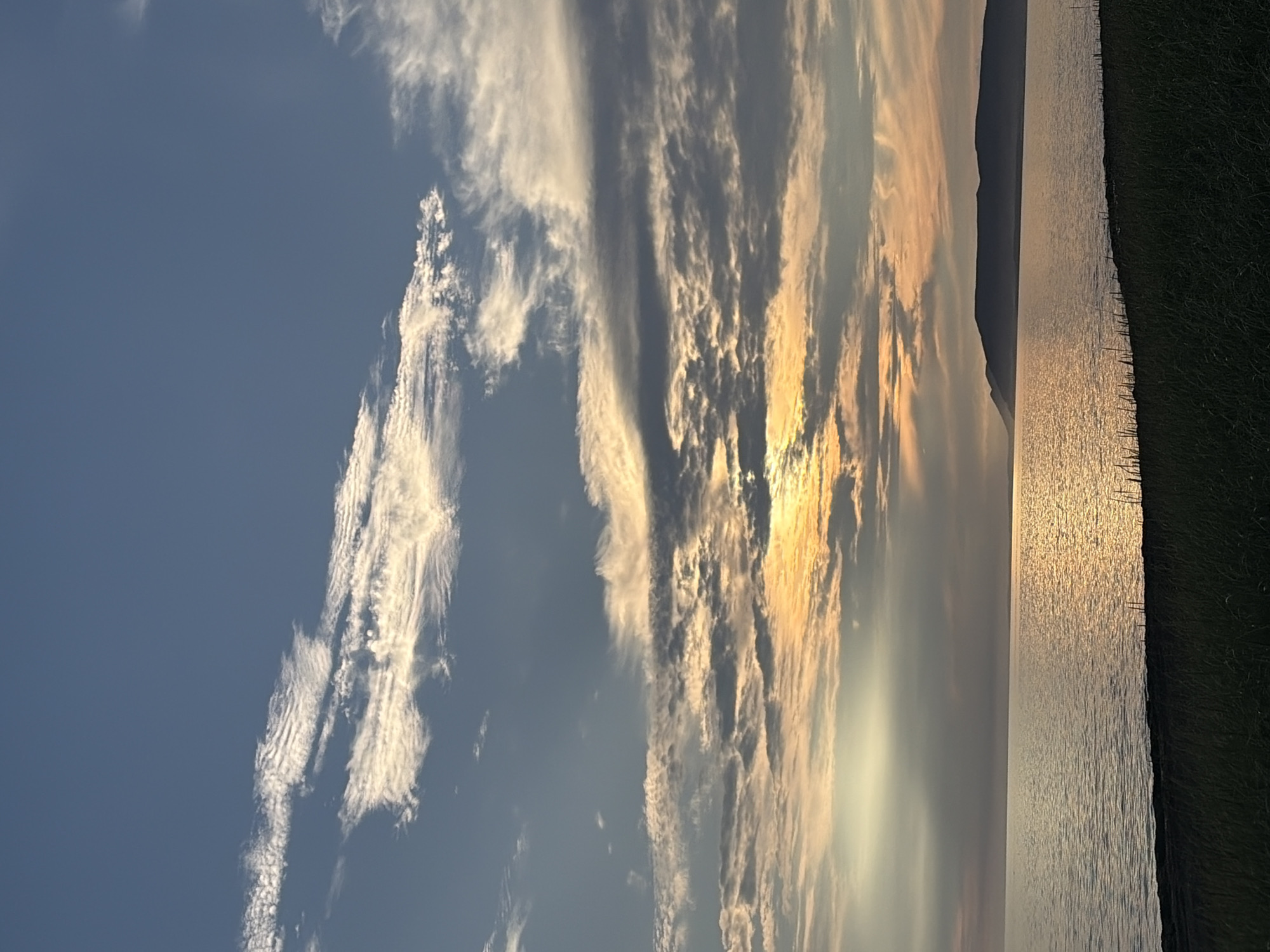 This is a landscape photograph taken at sunset overlooking a body of water, likely a lake or sea, with a distant treeline or hills forming a silhouette against the horizon. The sky is filled with clouds, some thin and wispy, others more dense, catching the warm hues of the setting sun, ranging from golden yellow to soft orange and pink. The water reflects the colors of the sky, creating a shimmering path of light. In the foreground, there is a dark strip of land covered in grass and vegetation. There are no people or animals visible in the image. The location is Ozerskoe, Russia.