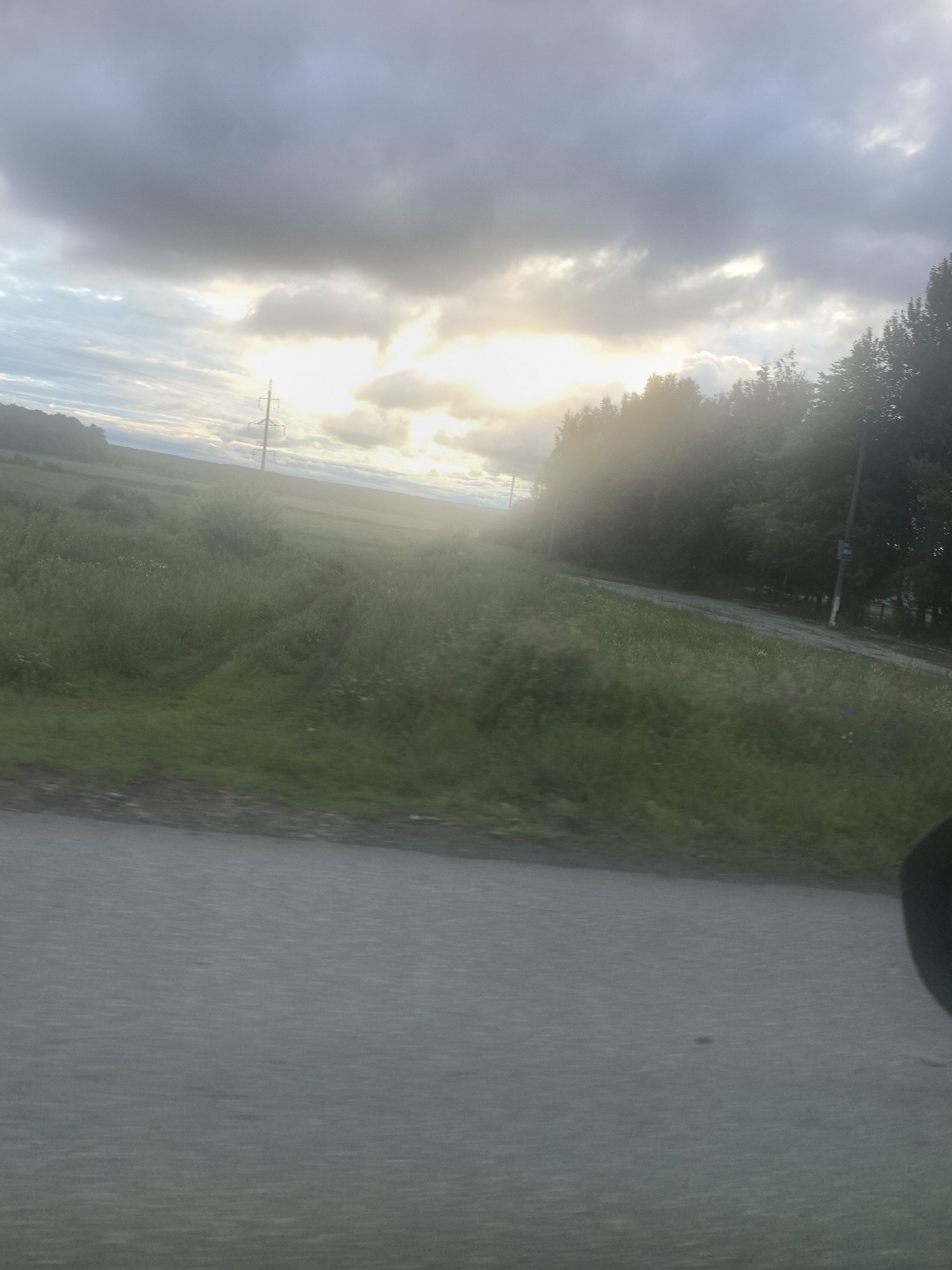 The image depicts a rural landscape under a cloudy sky, with sunlight breaking through the clouds. The foreground shows a grey, paved road, likely in motion due to the blur. To the left, there is a grassy field with a faint dirt path leading through it. In the distance, a power line pylon is visible against the horizon. To the right, a dense line of trees borders the field and road, with a utility pole and a sign visible amongst them. The overall impression is of a serene, overcast day in a countryside setting. Without additional context or identifying features, pinpointing the exact location within Zhigulyovsk, Russia, is not possible.