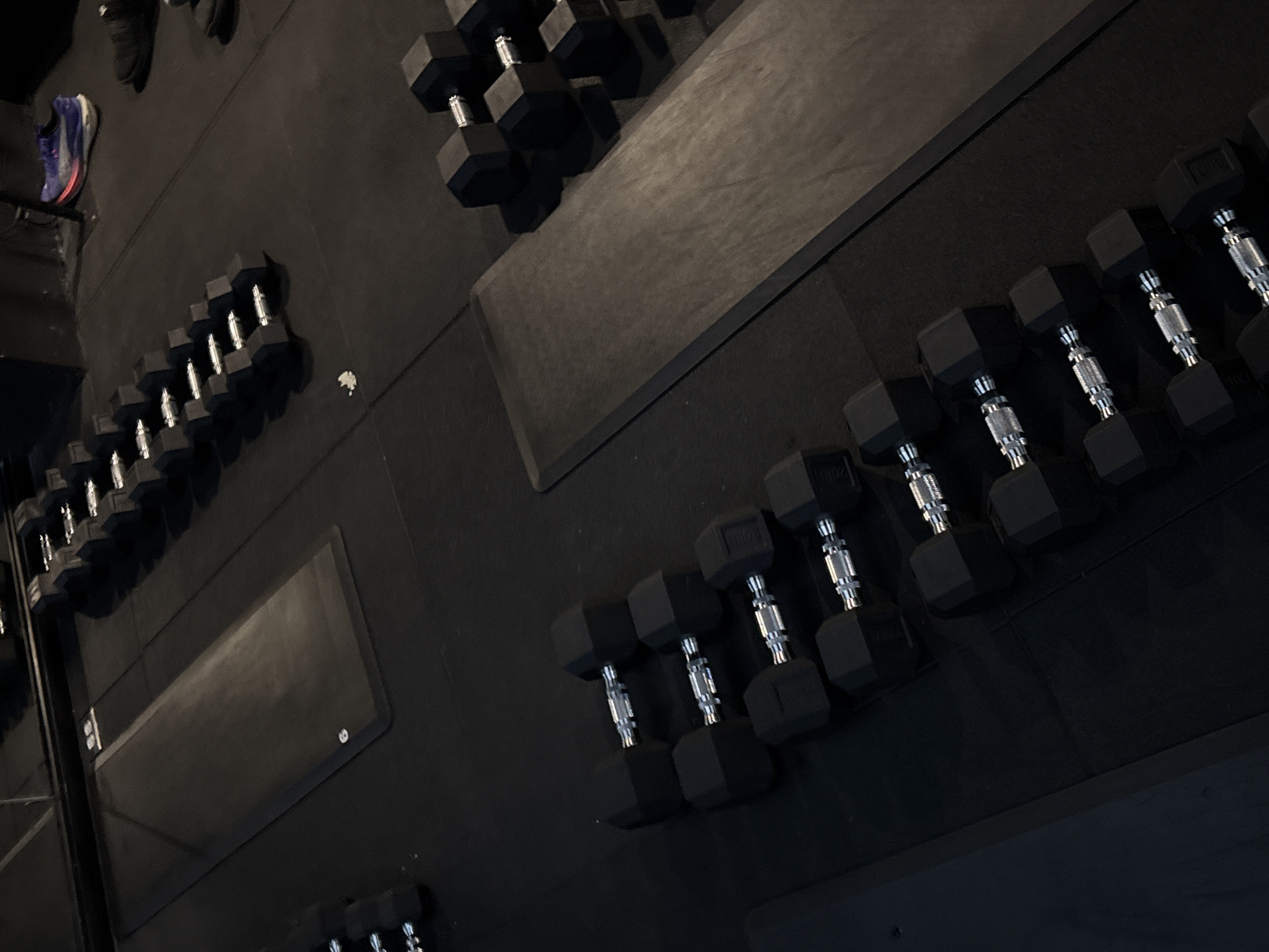 The image depicts a collection of dumbbells in a gym setting. The dumbbells are arranged in rows, suggesting they are on a rack or storage system. They appear to be of varying weights, indicated by their size. The setting is likely a fitness center or training facility. The image does not contain information to pinpoint the location in San Bernardino Tlaxcalancingo, Mexico, as there are no identifying markers or landmarks. There are no people visible in the frame.