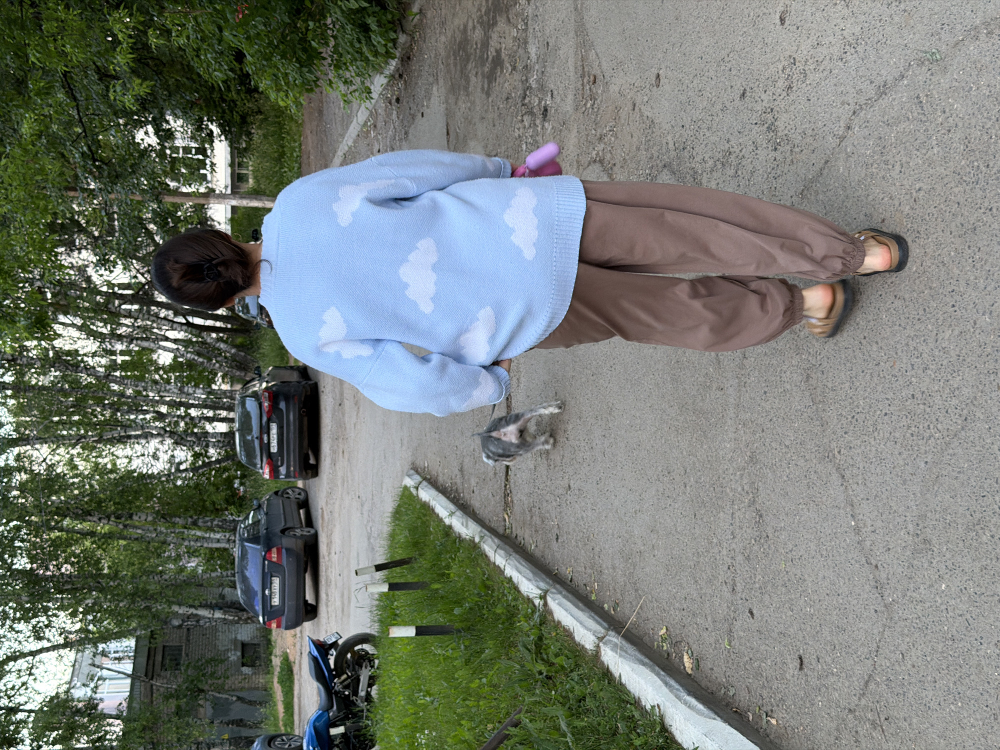 A woman walks away from the camera down a paved walkway, her back to the viewer. She is wearing a light blue sweater with white cloud patterns and brown baggy pants. She has on brown sandals. In her right hand, she holds a pink object. A small, gray dog on a leash is walking in front of her, also moving away from the camera. The walkway is bordered by a grass area with several white-topped posts. In the background, several cars are parked on a dirt lot. Trees and buildings are visible further in the background. The image appears to have been taken in a residential area of Chaikovsky, Russia.