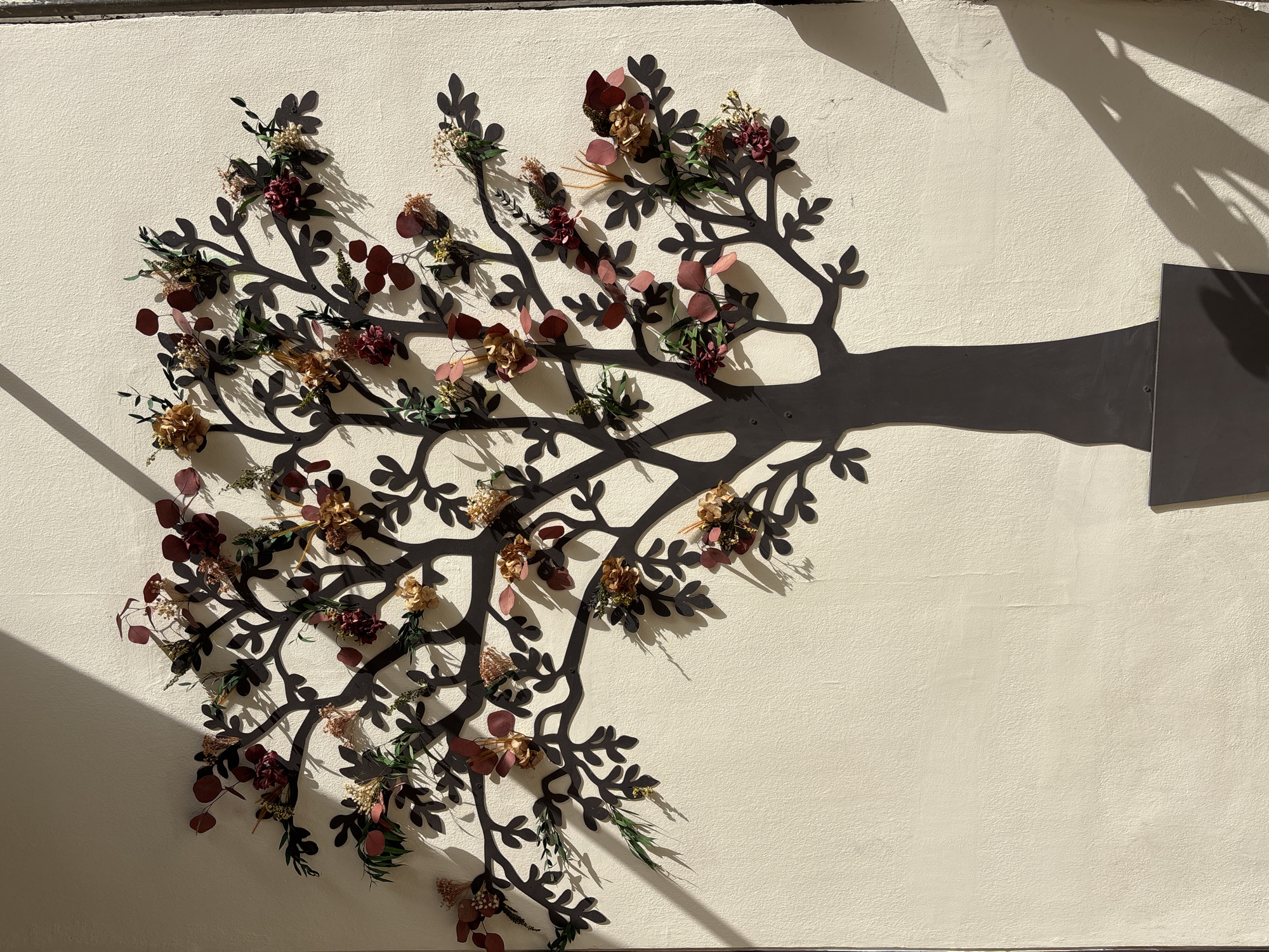 The image features a striking decorative tree sculpture mounted on a light, textured wall, likely outdoors in Málaga, Spain. The sculpture itself is made of dark-colored metal, depicting a tree trunk extending from the right side and branching intricately across the frame, complete with stylized leaves. Adorning the metal branches are numerous clusters of dried flowers and foliage, showcasing a palette of deep reds, muted pinks, creamy beiges, and various shades of green, adding organic texture and color to the artwork.
Strong, direct sunlight illuminates the scene, casting prominent and elongated shadows of the sculpture and its floral embellishments onto the wall. These sharp shadows, particularly visible on the left and upper right sections, indicate either an early morning or late afternoon setting, suggesting bright, sunny weather. The texture of the wall is clearly visible under this light. There are no people or discernible activities taking place, as the image focuses solely on this static artistic display. No visible text is present. The overall impression is one of natural beauty and artistic craftsmanship, highlighted by the dramatic play of light and shadow.