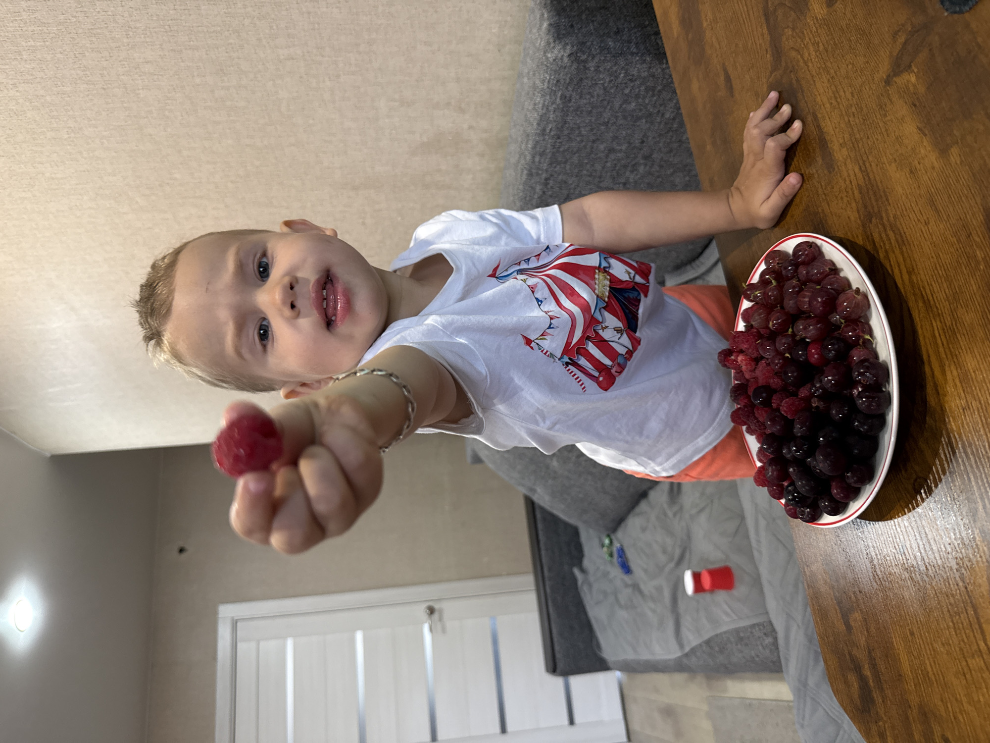A young child, appearing to be between 2-3 years old, is positioned in the foreground of the image, holding a single raspberry in their right hand and offering it towards the camera. The child has light-colored hair styled in short spikes, blue eyes, and is wearing a white t-shirt with a colorful circus tent graphic and orange shorts. Their mouth is slightly open, with teeth visible. To the left of the child, a plate overflowing with dark purple grapes and red raspberries sits on a wooden table. In the background, a gray sofa is visible, with a white and gray blanket draped over it. Further back, a closed door with horizontal panels and a silver doorknob is present, set against a textured beige wall. The lighting appears to be from an overhead fixture. The scene is an indoor setting, likely a living room or dining area. The location is identified as Rusanovo, Russia.