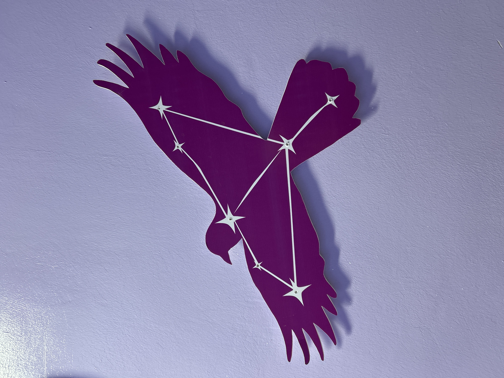 A purple bird-shaped decoration with white lines and stars, possibly representing a constellation, is mounted on a light purple wall. The location in the city of Chaikovsky, Russia is not discernible from the image.
