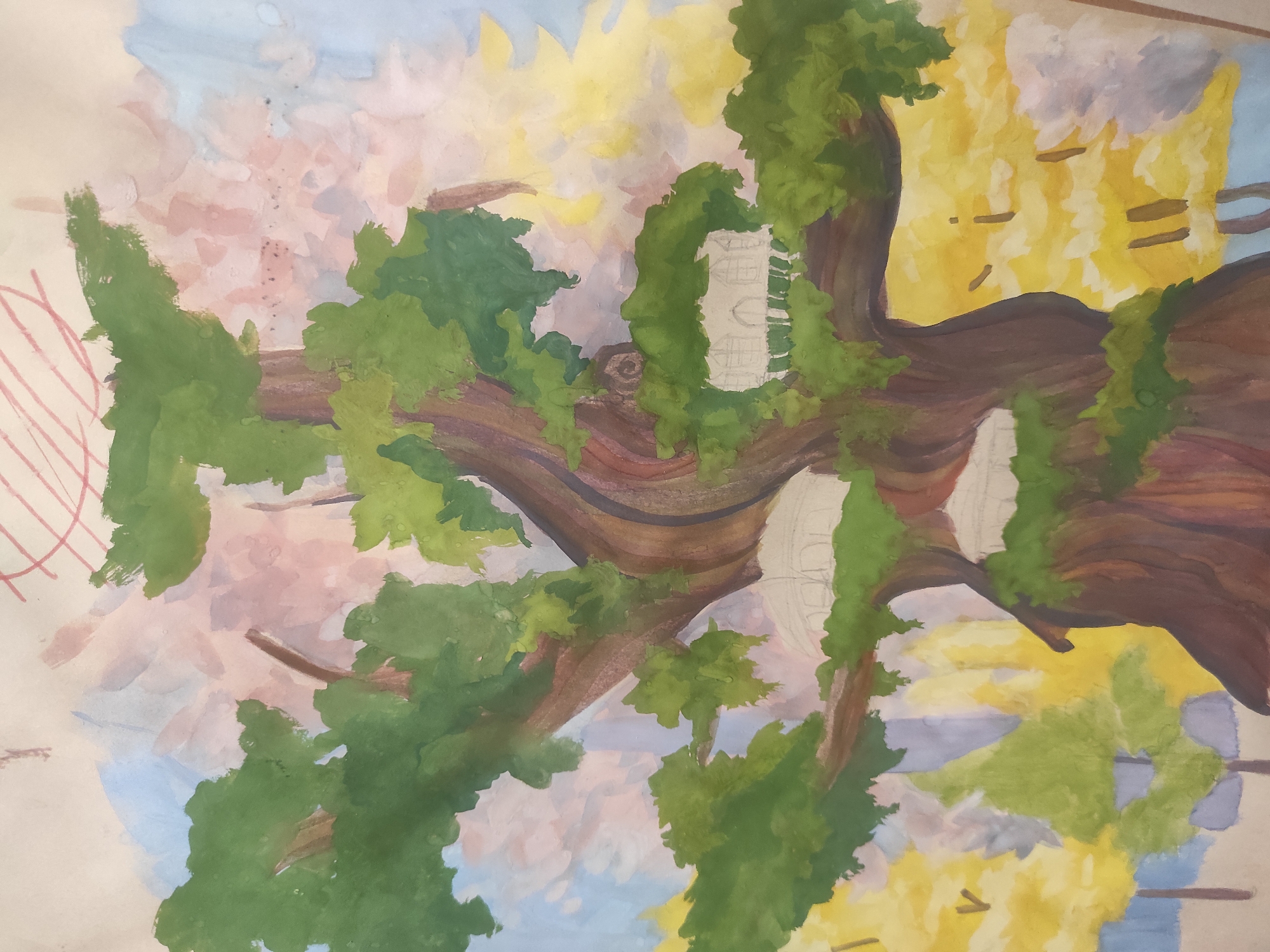 The image is a watercolor painting of a large tree with thick branches reaching across the frame. The tree's trunk is a mix of brown and darker brown hues, with green foliage scattered throughout the branches. There are outlines of structures within the foliage, suggesting hidden houses or buildings in the tree. The background consists of soft, pastel washes of color - pinks and whites on the left, suggesting cherry blossoms, and yellows on the right, possibly indicating autumn leaves. Blue patches are visible in the background as well. The image is cropped, but there are no visible people, subjects, actions, or interactions. The red scribbles in the upper left corner look like unfinished drawing. The painting depicts nature, potentially a single tree, in an urban environment based on the houses in the tree. It is unknown from the image whether it is located in the city of Sofia, Bulgaria.