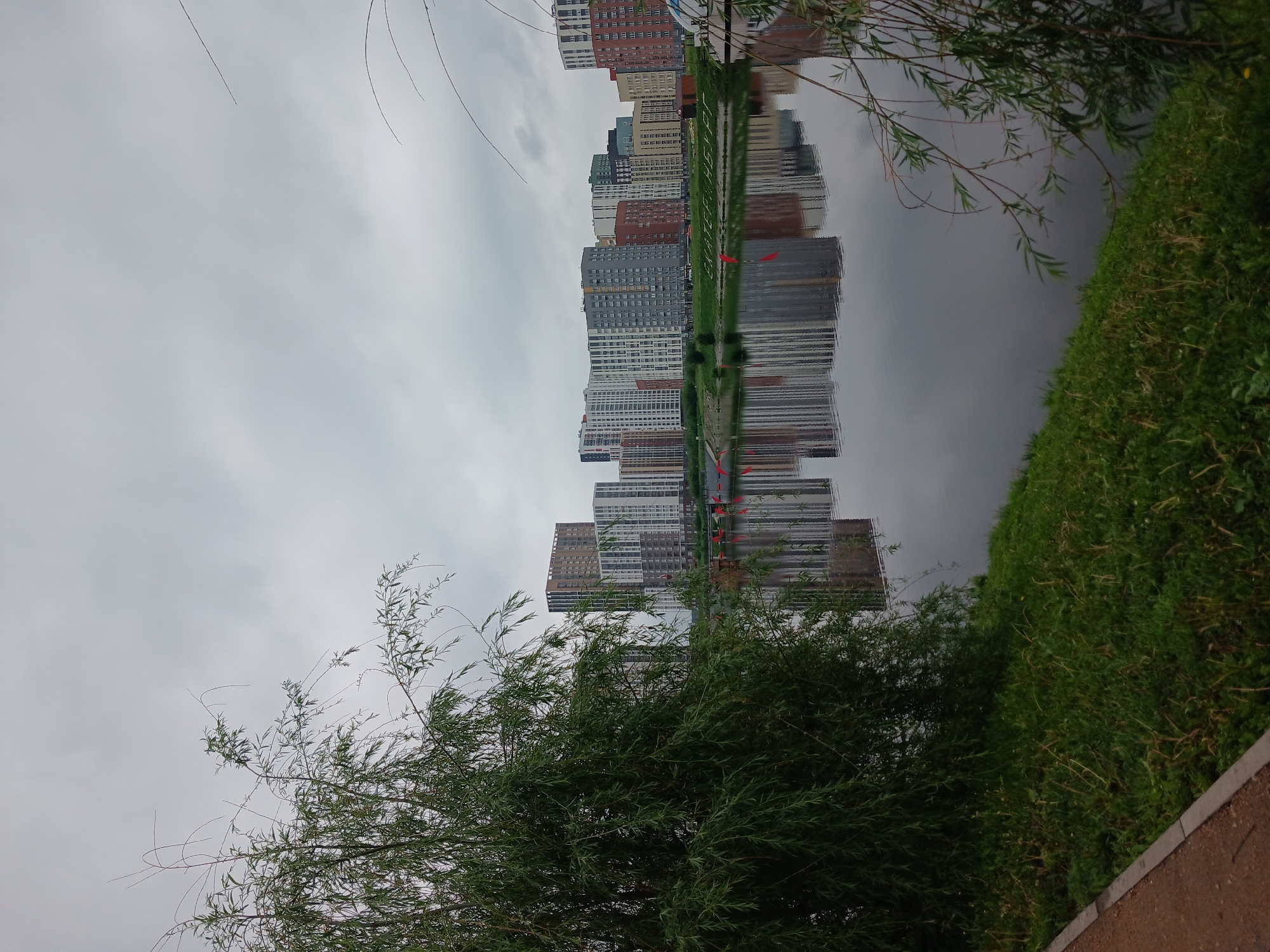The image captures a cloudy day in Yekaterinburg, Russia, likely near a waterfront park. In the foreground, a large weeping willow tree dominates the left side of the frame, its slender branches and green leaves partially obscuring the view. A grassy embankment slopes down to a dark, reflective body of water. Along the edge of the embankment, a path made of reddish-brown gravel is visible.
Across the water, a row of modern, multi-story apartment buildings forms the backdrop. These buildings are varied in height and color, featuring a mix of grey, white, beige, and terracotta facades, with many windows visible. Their reflections are clearly mirrored on the calm surface of the water. In the middle ground, several red buoys or markers are partially submerged in the water, and a small, dark structure, possibly a shed or boat house, sits on the grassy bank.
In the far distance, more buildings are visible, suggesting an urban or suburban setting. The sky is overcast with a uniform grey cloud cover. A large, green inscription spelling "ЕКАТЕРИНБУРГ" (Yekaterinburg) is visible on the grassy bank behind the buoys, confirming the location. The overall atmosphere is serene and somewhat subdued due to the cloudy weather. There are no people or animals visible in the image.
