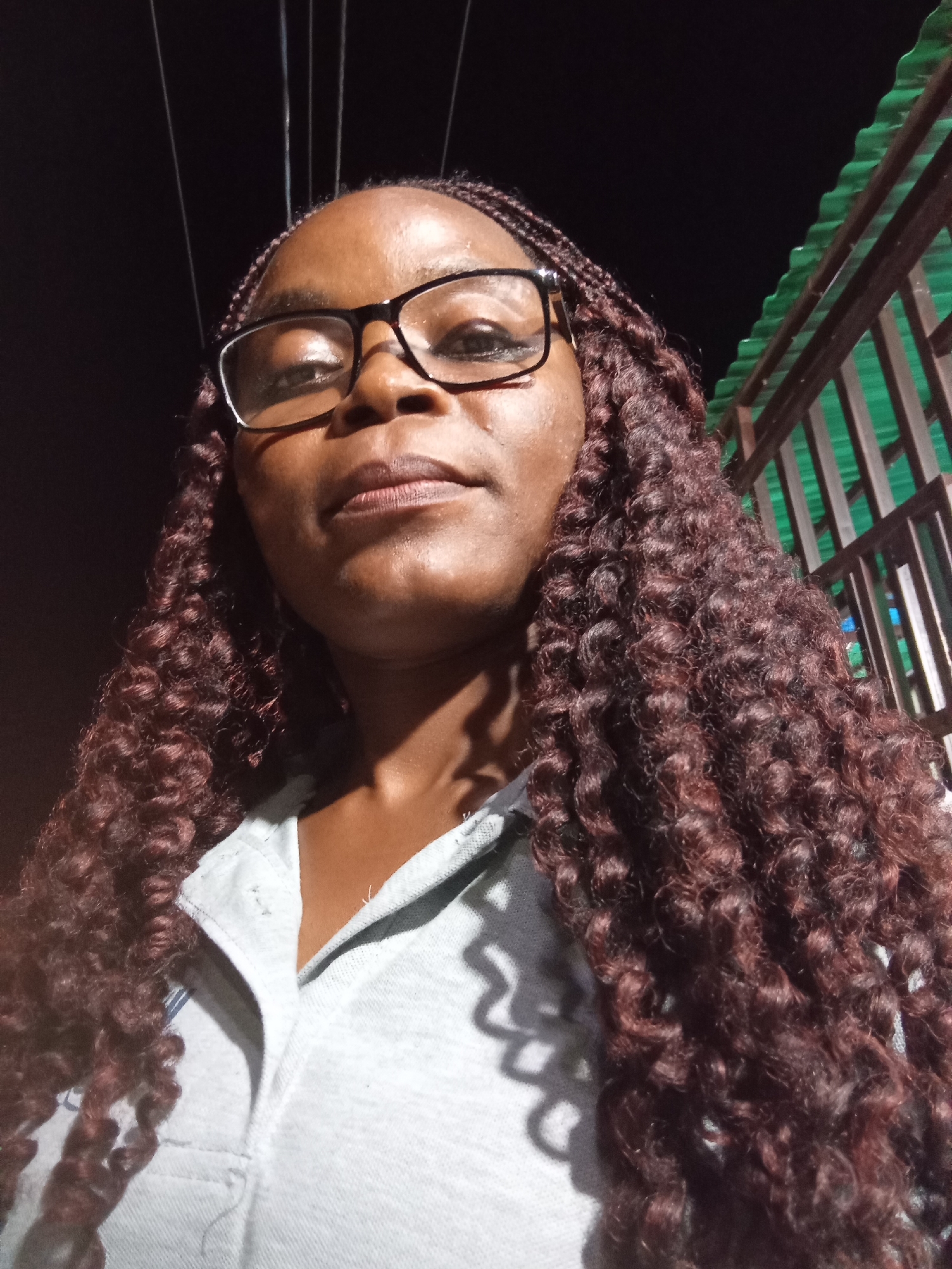 A close-up, eye-level selfie shows a dark-skinned woman with dark, curly braided hair and glasses. She is wearing a grey collared shirt. The background is dark, with some railings and a green structure visible to the right. The image appears to have been taken at night.