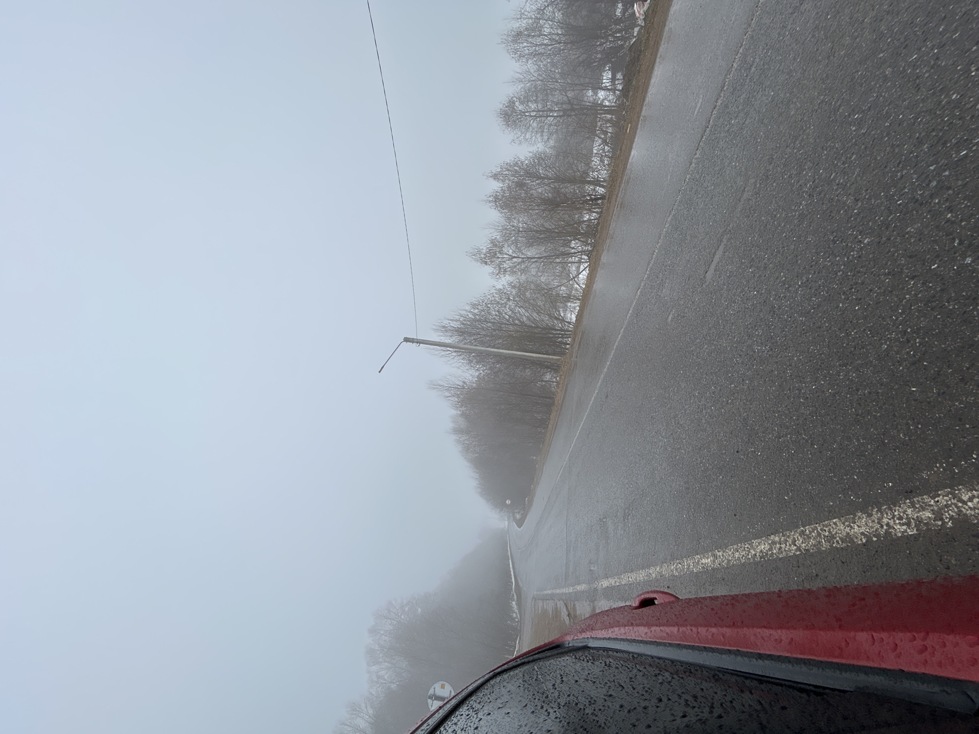 The image shows a wet asphalt road in Уральское, Russia, under heavy fog. The road is bordered by trees without leaves on one side, and the fog obscures the view into the distance. A red car is partially visible on the right edge of the frame, with raindrops on its surface. There is a white line marking the edge of the road. A utility pole stands alongside the road, and a power line stretches across the sky. The overall scene is overcast and visibility is low.