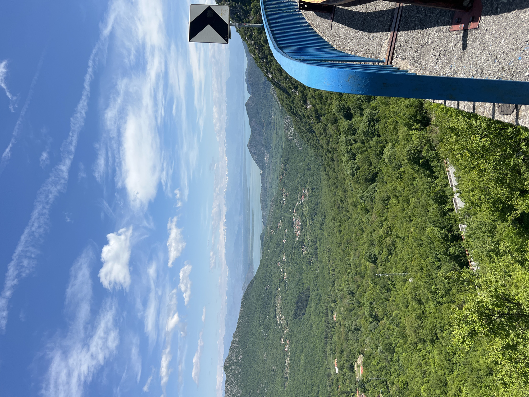 The image depicts a landscape view taken from a bridge in Bukovik, Montenegro. The perspective is oriented to capture the environment around the bridge. A blue metal railing runs along the right edge of the frame, partially obscuring the view. To the left of the railing, there is a dense, green forest-covered mountain slope. Beyond the mountains, a body of water can be seen, extending into the distance under a blue sky with scattered clouds. In the upper left corner of the image, a road sign with black and white chevrons points to the left. The road surface is visible next to the railing.