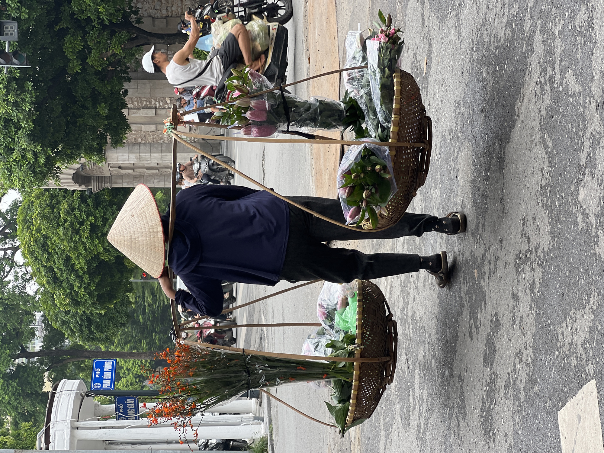 This image shows a street vendor in Hanoi, Vietnam, carrying a yoke across their shoulders. The yoke supports two large woven baskets filled with flowers. The vendor, viewed from behind, wears a conical hat and dark clothing, including dark pants and a hooded sweatshirt. The left basket contains a large bouquet of orange flowers. The right basket holds several bunches of pink lilies, some still in bud, wrapped in clear plastic.
The vendor is walking on a paved street, likely in a busy urban area, given the presence of other people and motorcycles in the background. Traffic lights and street signs are visible, one reading "PHO DÌNH PHÙNG", indicating a specific street in Hanoi. Buildings with architectural details, possibly historical, and lush green trees line the street. The atmosphere suggests a bustling city environment, common in Hanoi's historic districts.