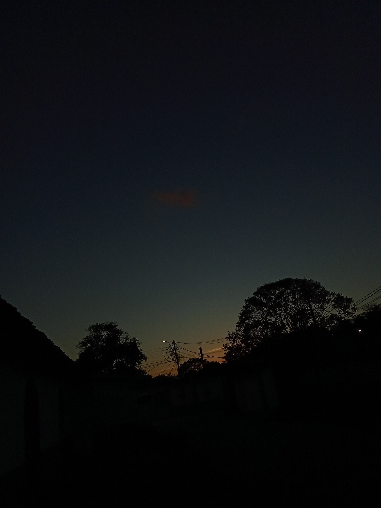 The image captures a night scene in Juan Griego, Venezuela. The sky transitions from dark blue to a lighter shade near the horizon where hints of orange suggest the afterglow of sunset. The silhouettes of trees and buildings are visible against the fading light. Utility poles and wires are silhouetted as well. A single street lamp illuminates the scene.