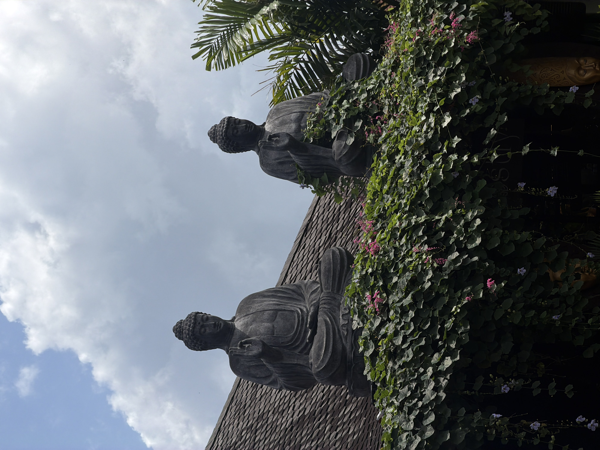 Two large, dark grey stone statues of Buddha sit in a meditative pose atop a structure with a dark, shingled roof. The statues are partially obscured by lush green vines with small pink and purple flowers. The Buddha on the left is facing forward, while the Buddha on the right is angled slightly to the right. Behind the statues, a bright blue sky with fluffy white clouds is visible. To the far right, a portion of a palm frond is seen. The overall scene suggests an outdoor religious or cultural site, possibly a temple or garden. This image is from Taman Ayun Temple in Mengwi, Indonesia, a royal temple complex dating back to the 17th century.