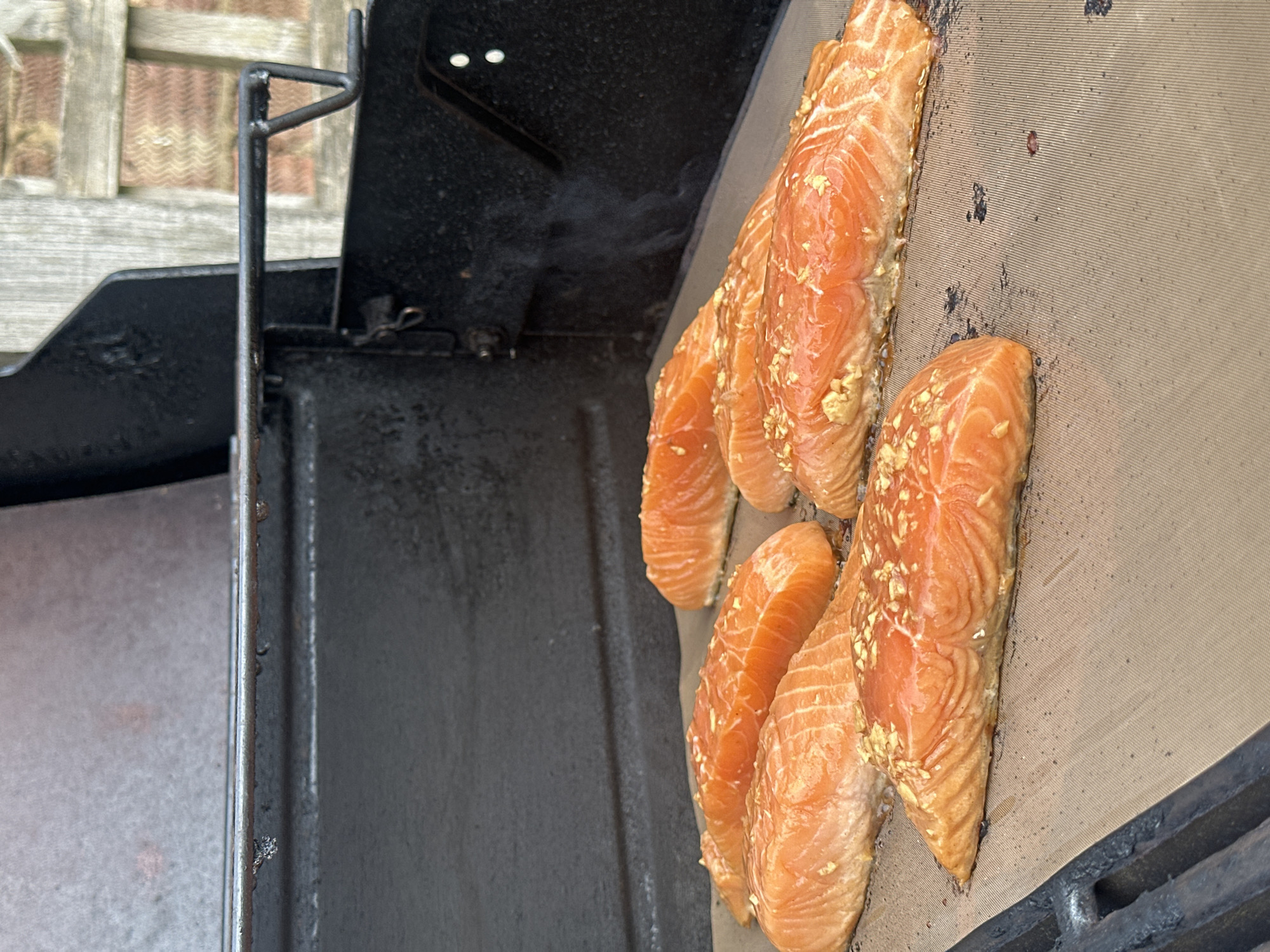 Four pieces of salmon lie on a brown, possibly parchment-lined, surface inside a dark, presumably metal, grill. The salmon pieces are arranged diagonally across the frame, from the upper right to the lower left. They are reddish-orange and appear to be seasoned with small, light-colored flakes, possibly garlic or nuts. The grill is visibly dirty, with black debris scattered on the parchment and inside the grill itself. Parts of the grill frame are visible on the left side of the image. The image does not reveal the location of the scene.