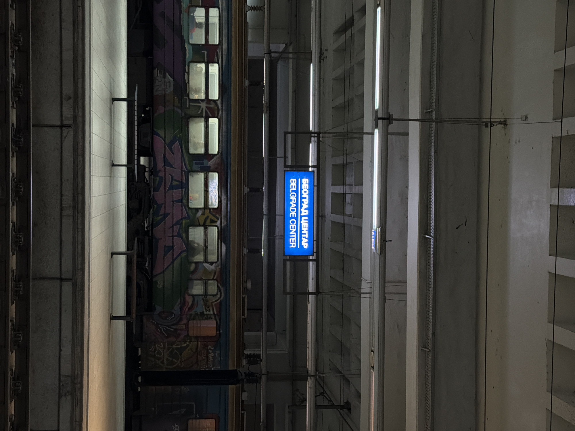 The image depicts the Belgrade Center railway station platform in Belgrade, Serbia. A train covered in graffiti stands at the platform. A blue sign with white text "БЕОГРАД ЦЕНТАР/BELGRADE CENTER" hangs from the ceiling. The platform is made of concrete and features vertical lines and fixtures. Fluorescent lights illuminate the scene. The overall environment is dimly lit and industrial.