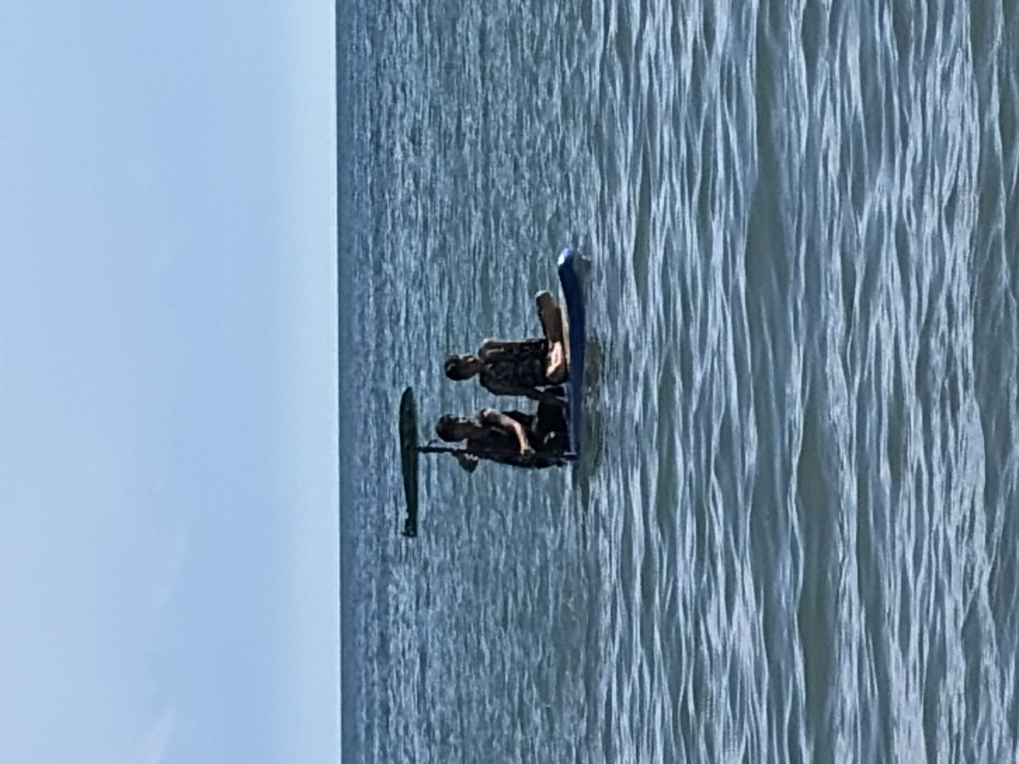 Two individuals are seated on a blue stand-up paddleboard in a body of water. The individual on the left is wearing a dark life vest and has their hands on a black pole that supports a flat, dark green object above them, possibly a shade structure. The individual on the right is also wearing a dark life vest and is looking to the left. The water is blue with visible ripples, and the sky is a pale blue with no clouds. The horizon line between the water and sky is clearly visible. The scene appears to be set in an outdoor environment, likely a lake or ocean, under daylight conditions.