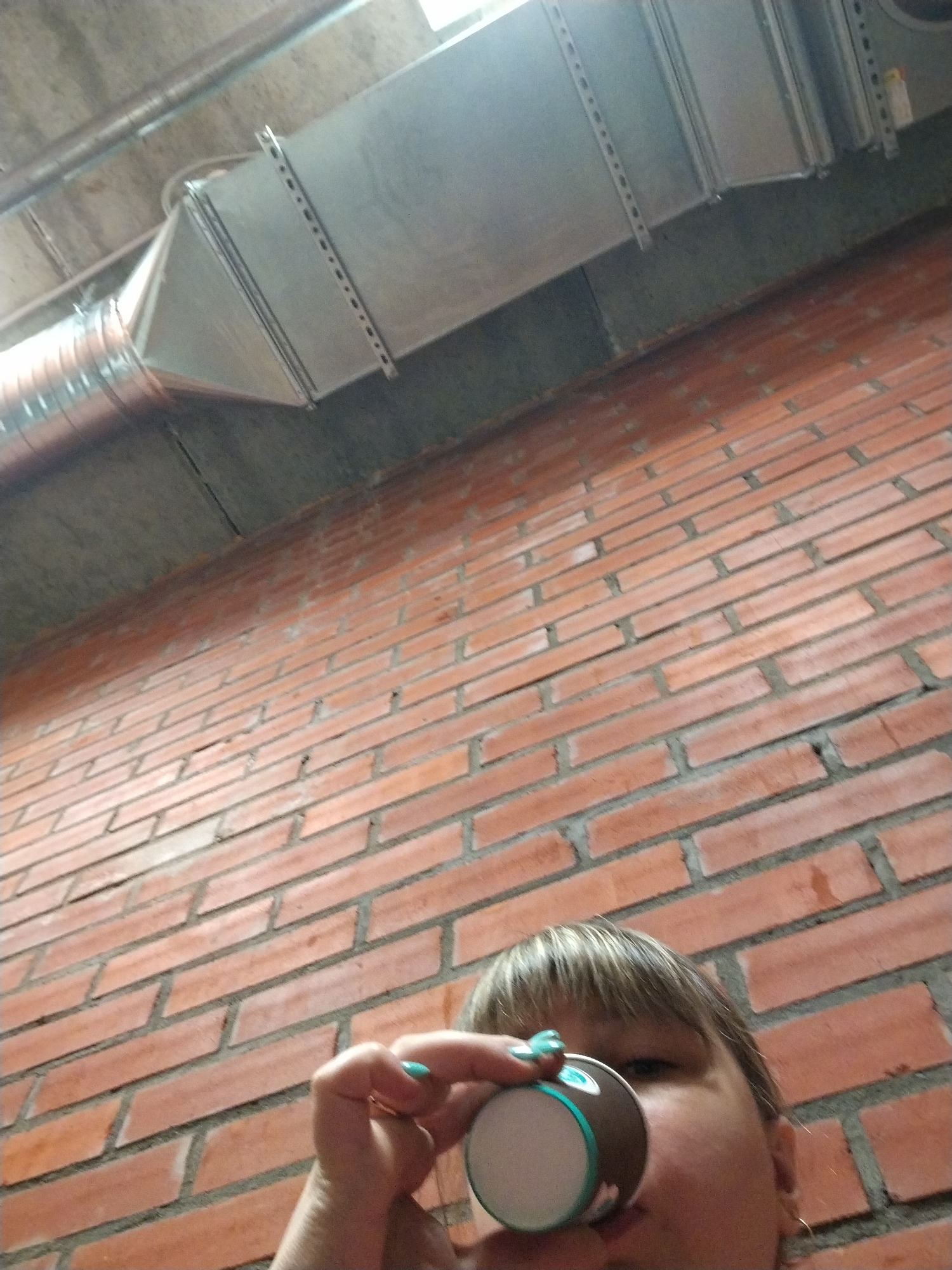 An indoor photograph, taken from a low-angle perspective, captures a person drinking from a cup against a backdrop of a brick wall and industrial ceiling elements.
In the foreground, occupying the lower right portion of the frame, is a person, visible from the top of their head to their lower face. They have light brown or blonde hair with bangs covering their forehead. Their right eye is partially visible, while their mouth is obscured by a small, brown paper cup with a light blue rim and a white bottom, which they are holding up to their lips. A teal-colored manicure is visible on one of their fingers holding the cup.
The background is dominated by a red brick wall, laid in a stretcher bond pattern, stretching diagonally upwards from the lower left to the upper right. Above the brick wall, the ceiling features exposed industrial-style ductwork and piping. A large, rectangular galvanized steel ventilation duct runs horizontally across the upper part of the image, tapering into a round, corrugated metallic pipe on the left. The concrete ceiling structure is also visible.
The lighting appears to be artificial, illuminating the scene from above. The overall impression is that of a modern, possibly commercial or industrial-chic interior located in Rusanovo, Russia. There is no clearly visible text in the image.
