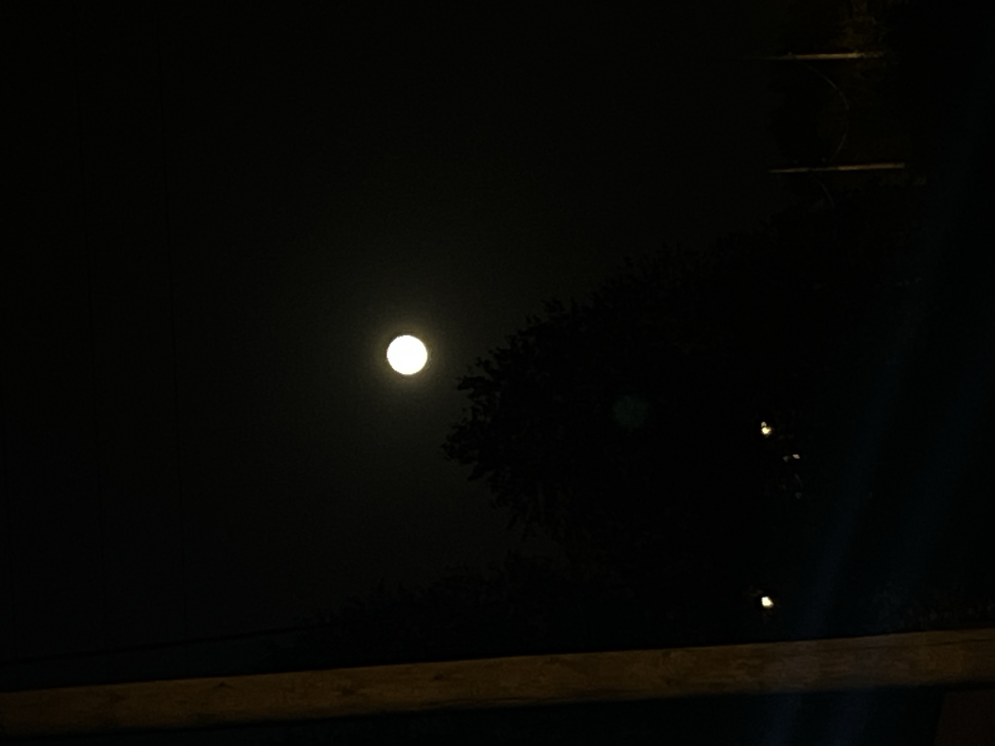 The image captures a nighttime scene with a bright full moon dominating the dark sky. In the foreground, a wooden post is visible on the left side. Silhouetted trees form a dark mass against the sky, with the moon appearing behind them. A faint, greenish glow is visible in the lower middle section of the image, possibly a lens flare or a distant light source. In the lower right, two vertical structures, possibly light poles or part of a fence, are dimly lit. The overall impression is that of a quiet, moonlit night in a somewhat rural or suburban area. Without further context or identifiable landmarks, it is not possible to definitively place this image in Nizhny Tagil, Russia.